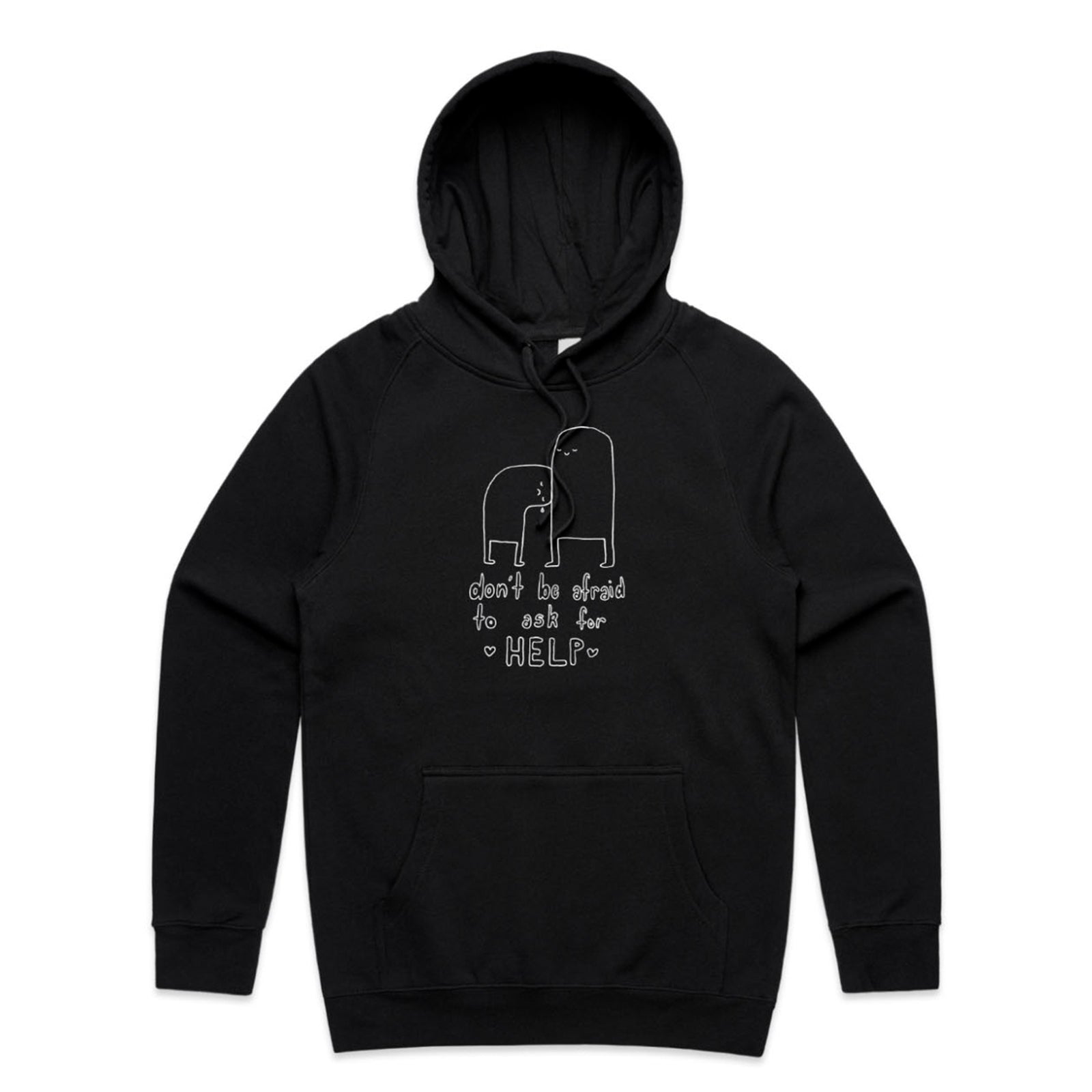 Black regular hoodie with Don't Be Afraid Hoodie graphic by Lonely Kids Club