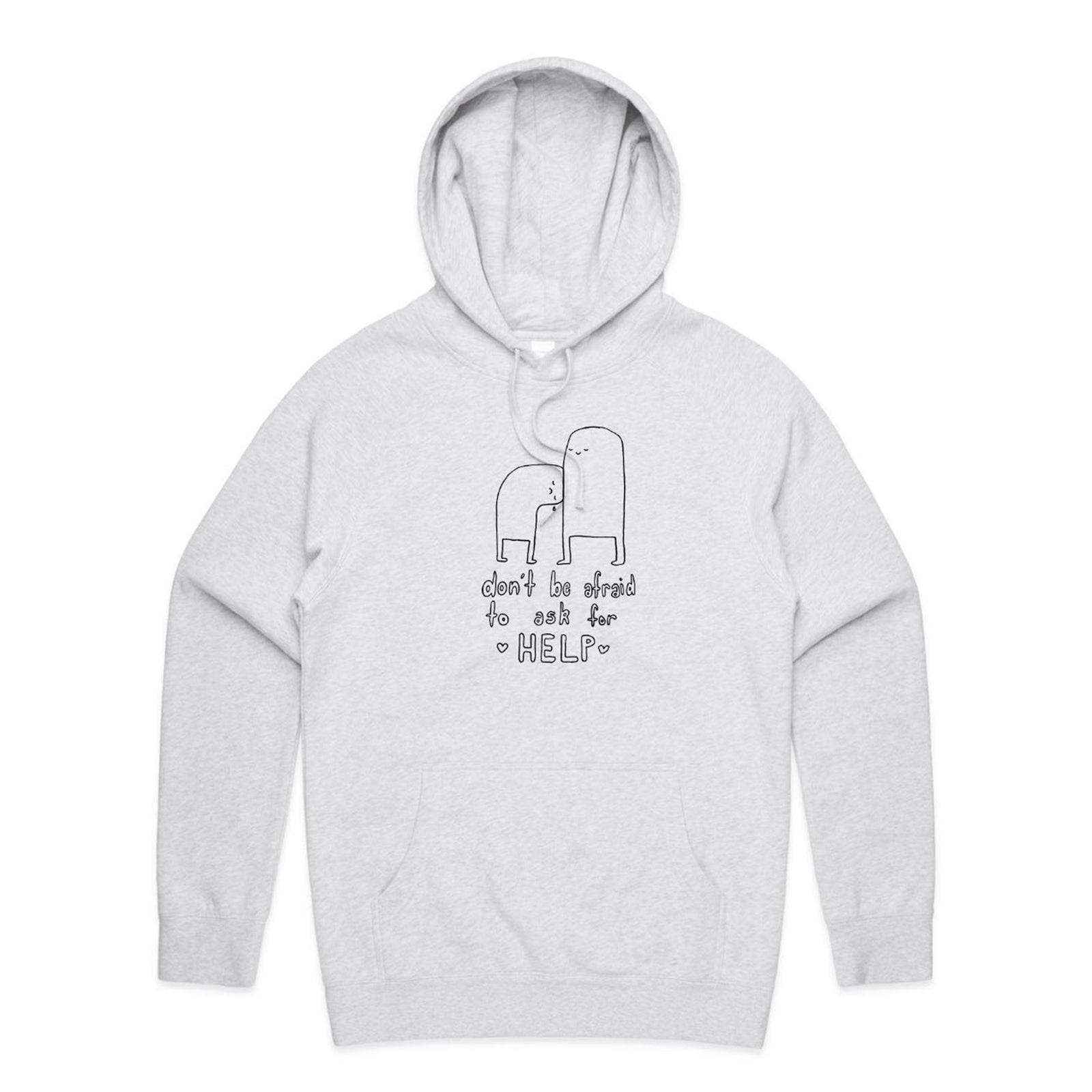 White Marle regular hoodie with Don't Be Afraid Hoodie graphic by Lonely Kids Club