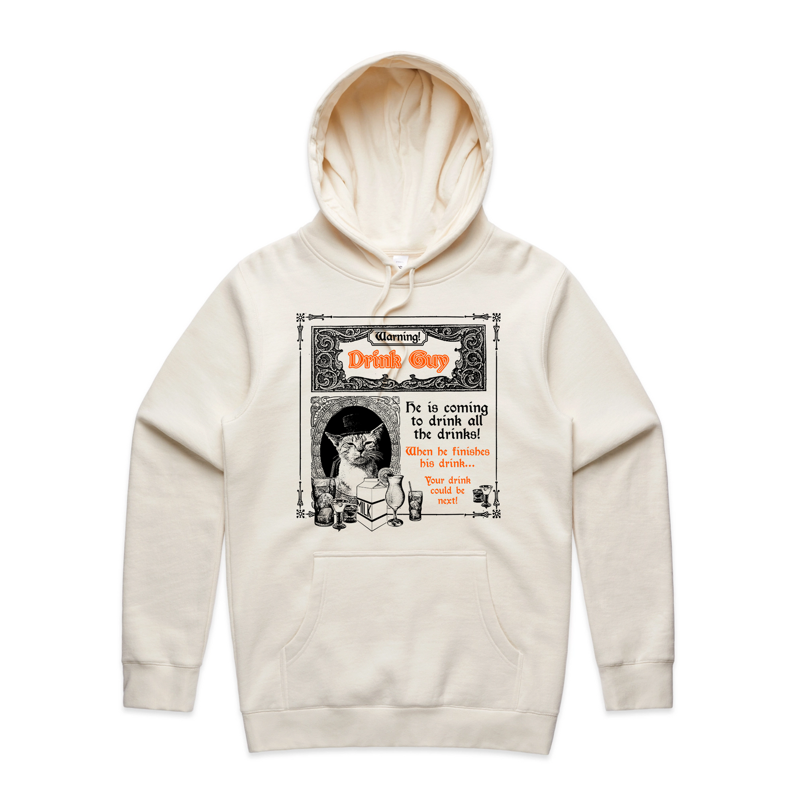Ecru regular hoodie with Drink Guy Hoodie graphic by Lonely Kids Club