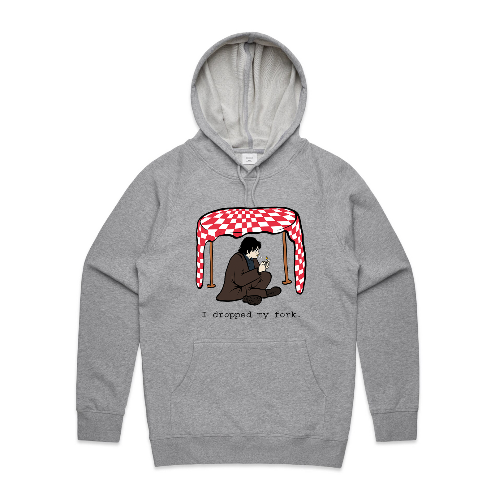 Grey Marle regular hoodie with I Dropped My Fork Hoodie graphic by Lonely Kids Club