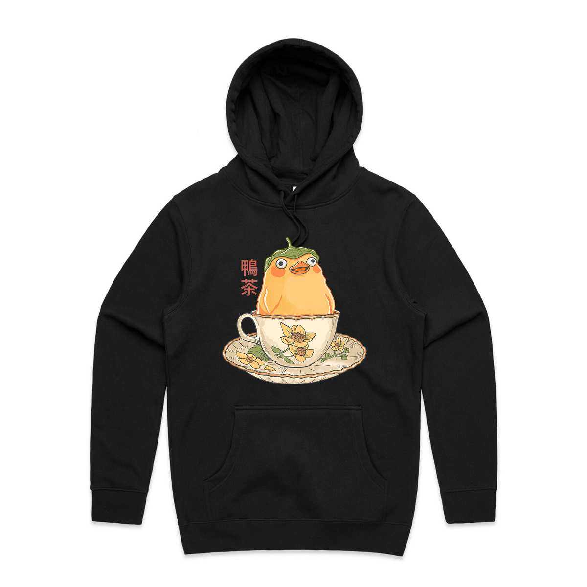 Black regular hoodie with Duck Tea Hoodie graphic by Lonely Kids Club
