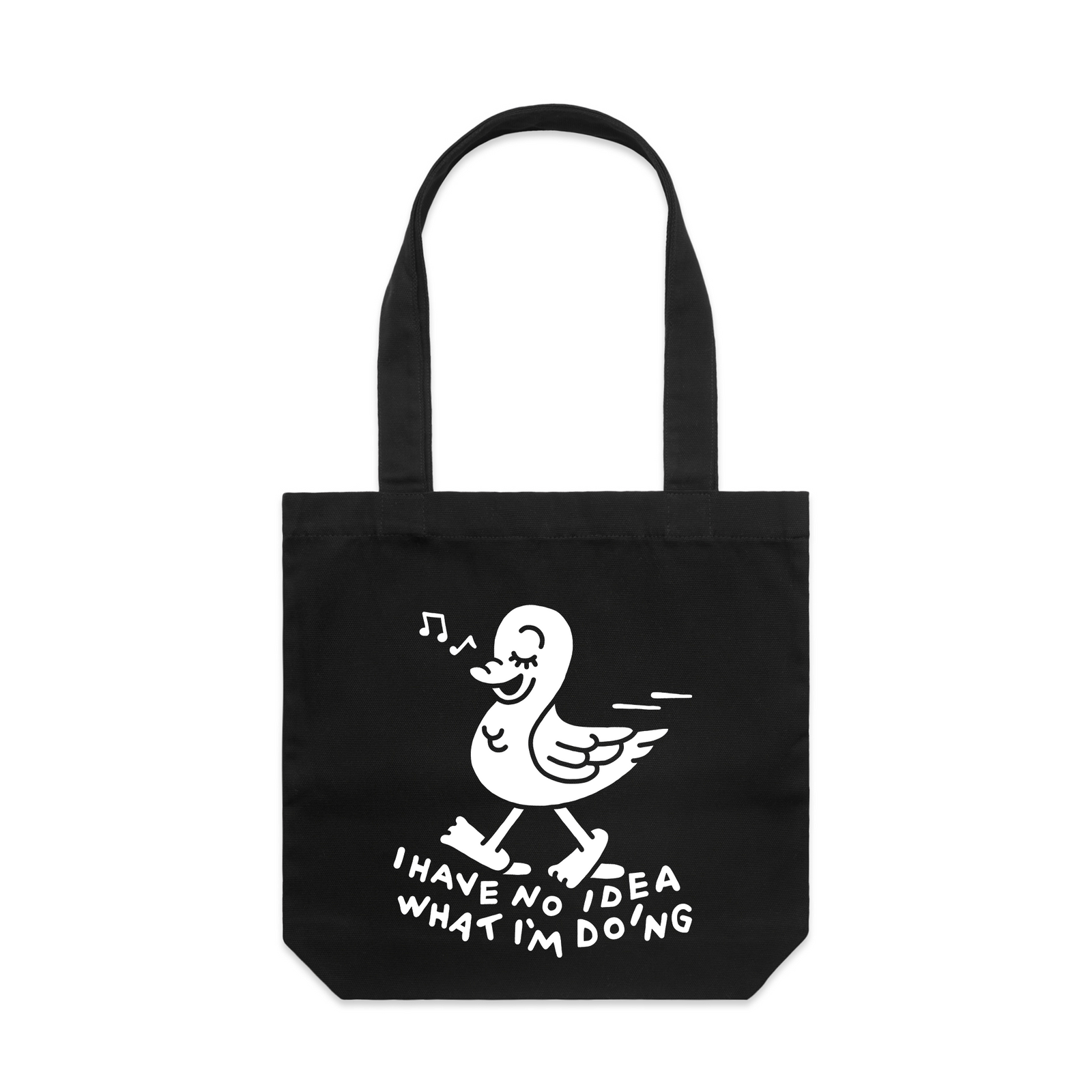 Black carrie tote with No Idea Duck Tote graphic by Lonely Kids Club