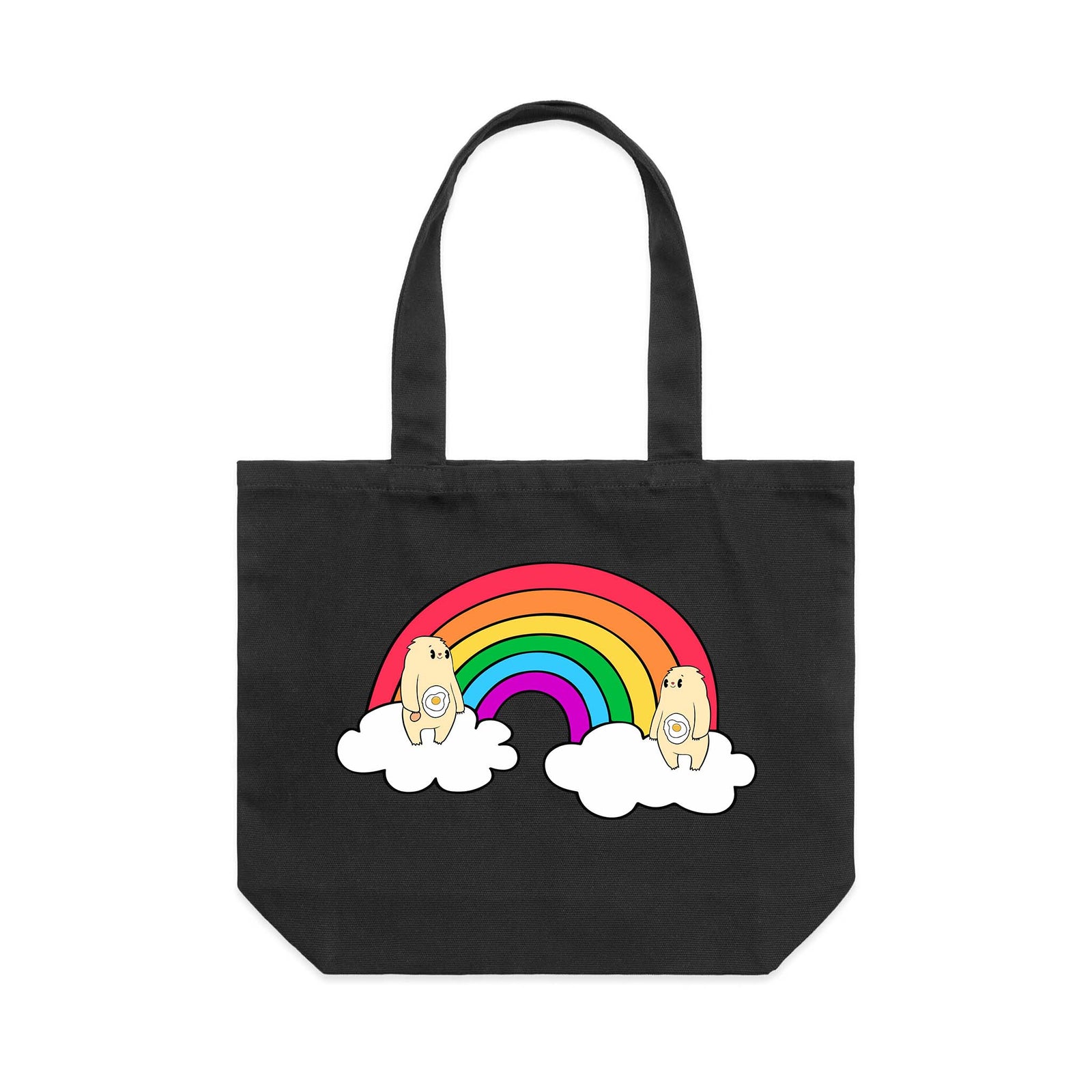 Black shoulder tote with Egg Bear Tote graphic by Lonely Kids Club