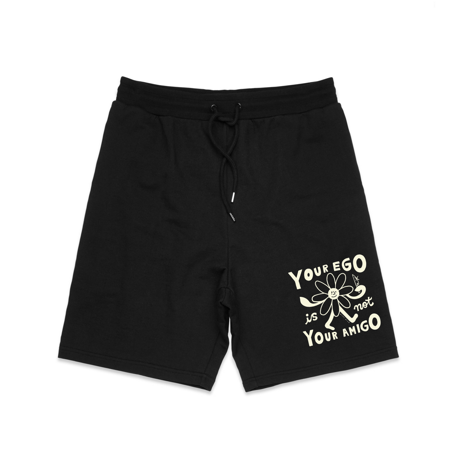 Black regular heavy shorts with Ego Amigo Shorts graphic by Lonely Kids Club