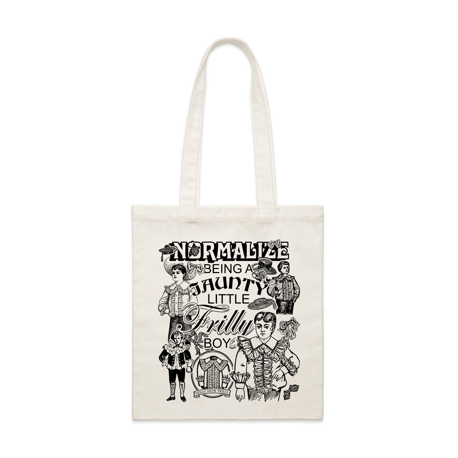 Cream parcel tote with Frilly Boy Tote graphic by Lonely Kids Club