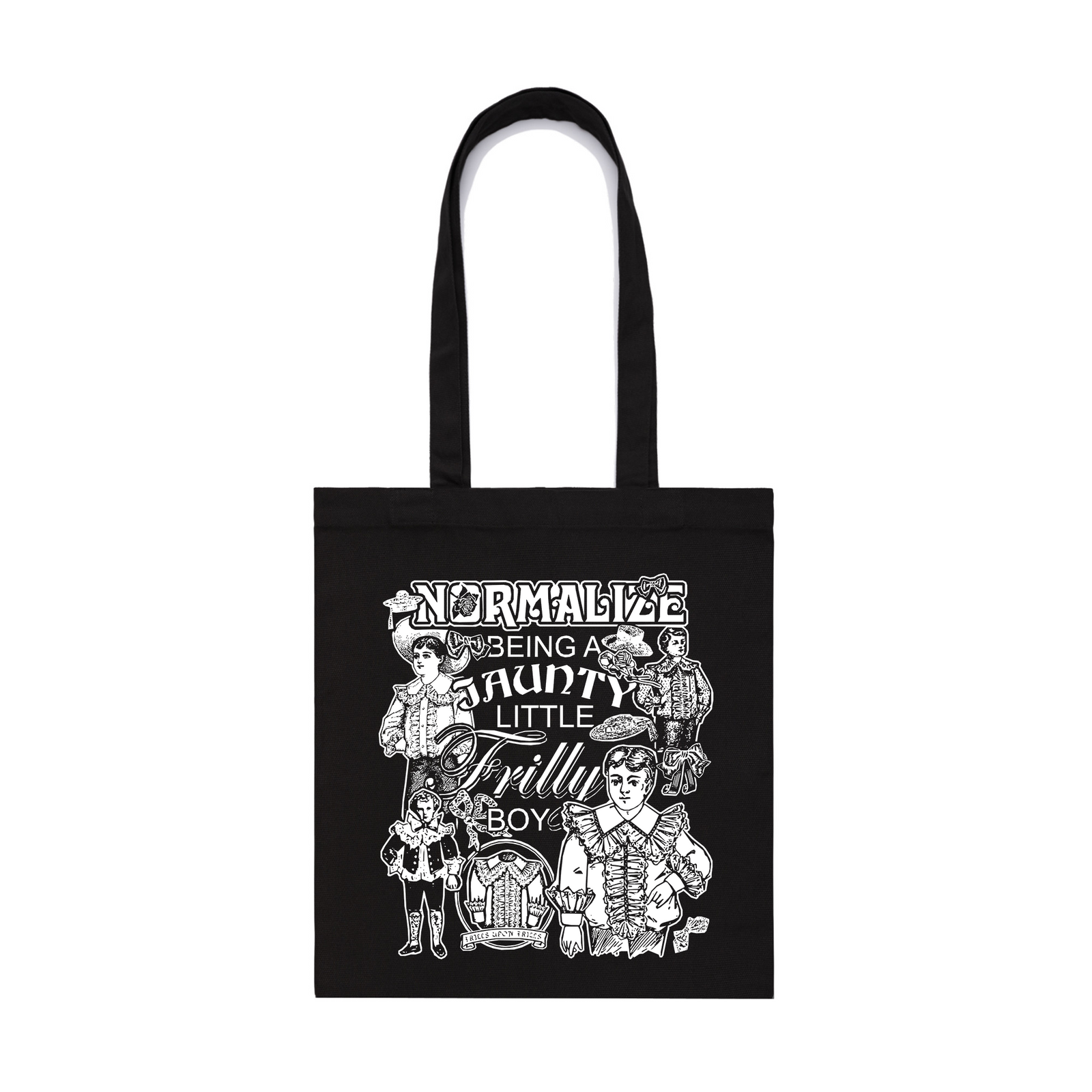 Black parcel tote with Frilly Boy Tote graphic by Lonely Kids Club