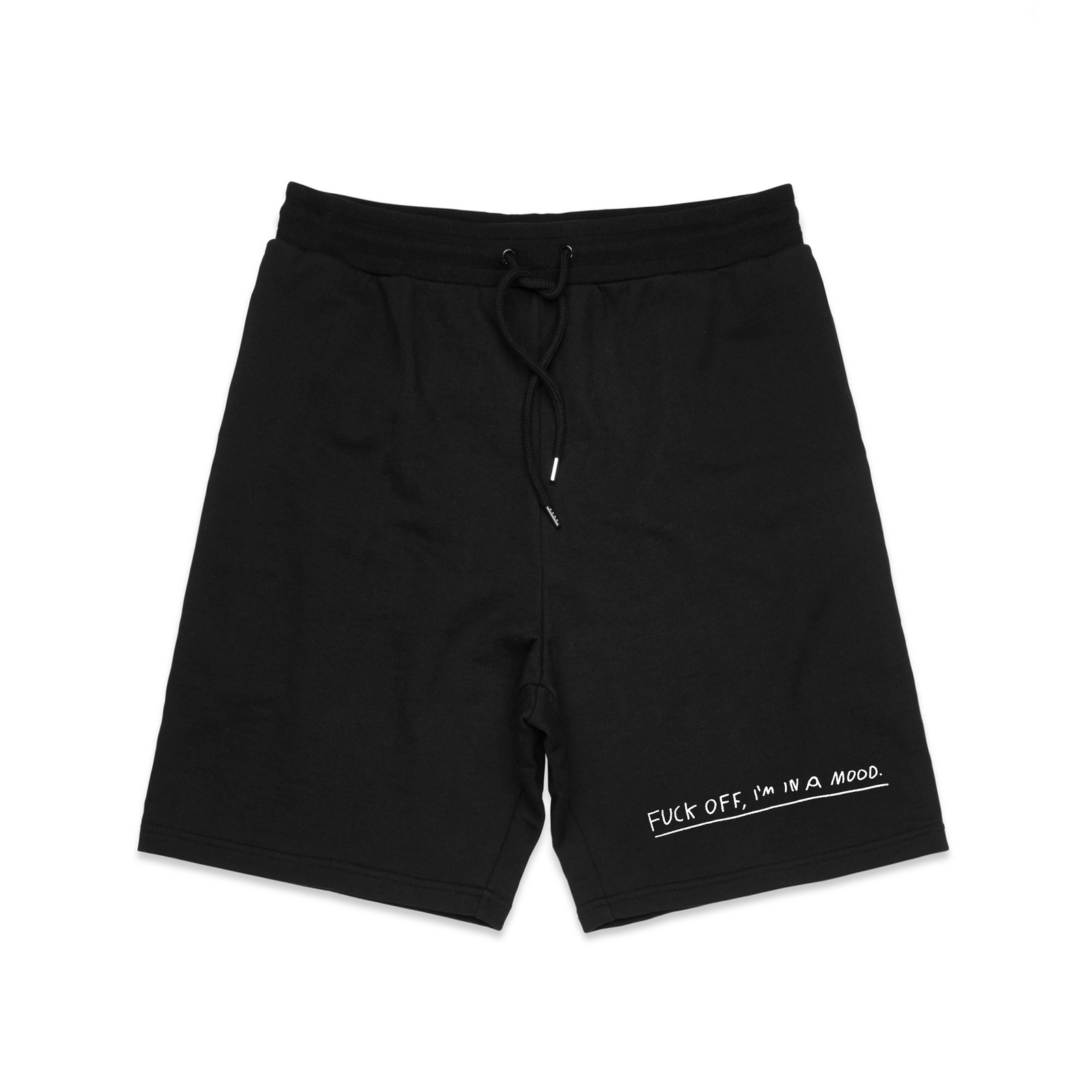 Black regular heavy shorts with the text 'Fuck Off, I'm in a Mood.' in handwritten lettering by Lonely Kids Club