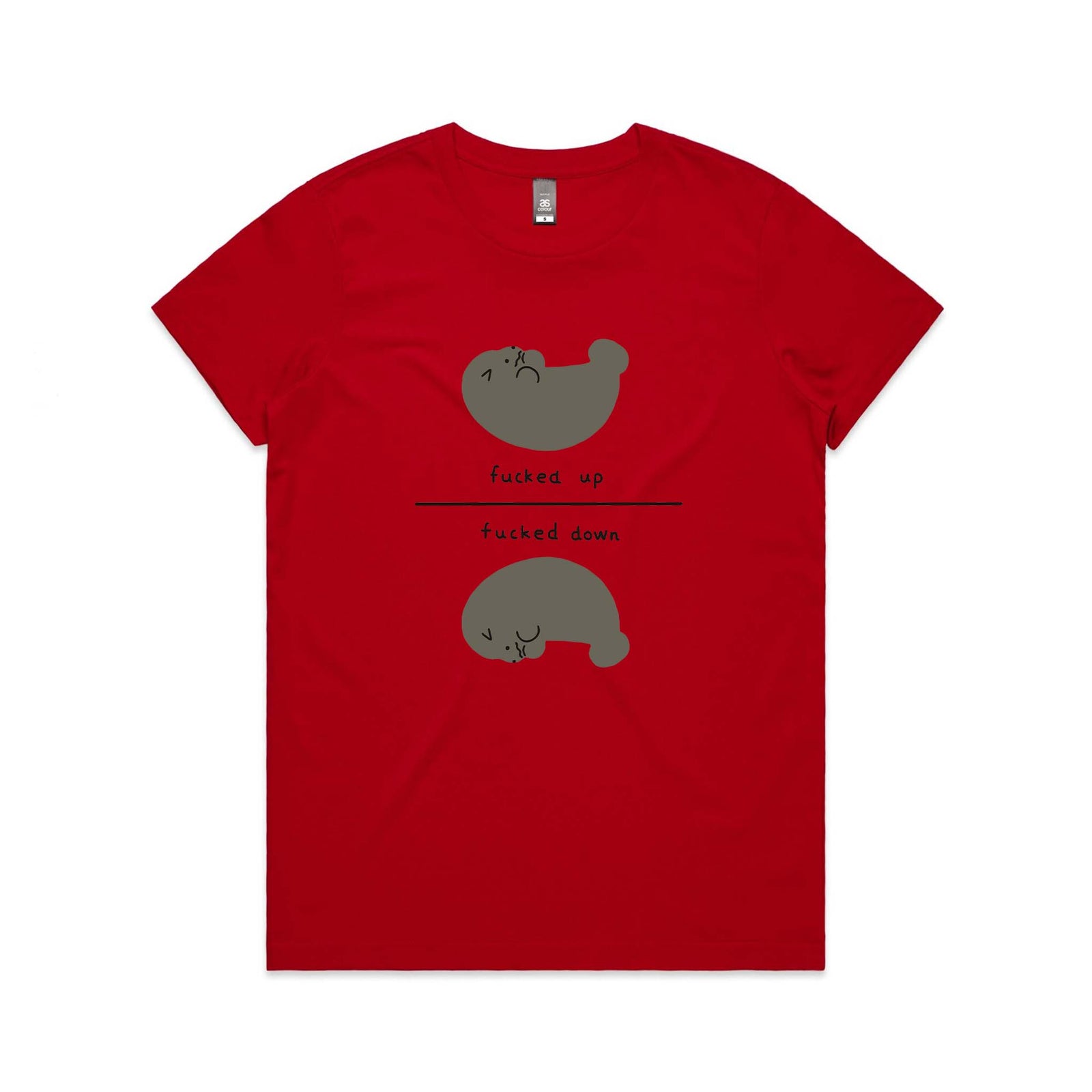 Red fitted womens t-shirt with Fucked Seal graphic by Lonely Kids Club