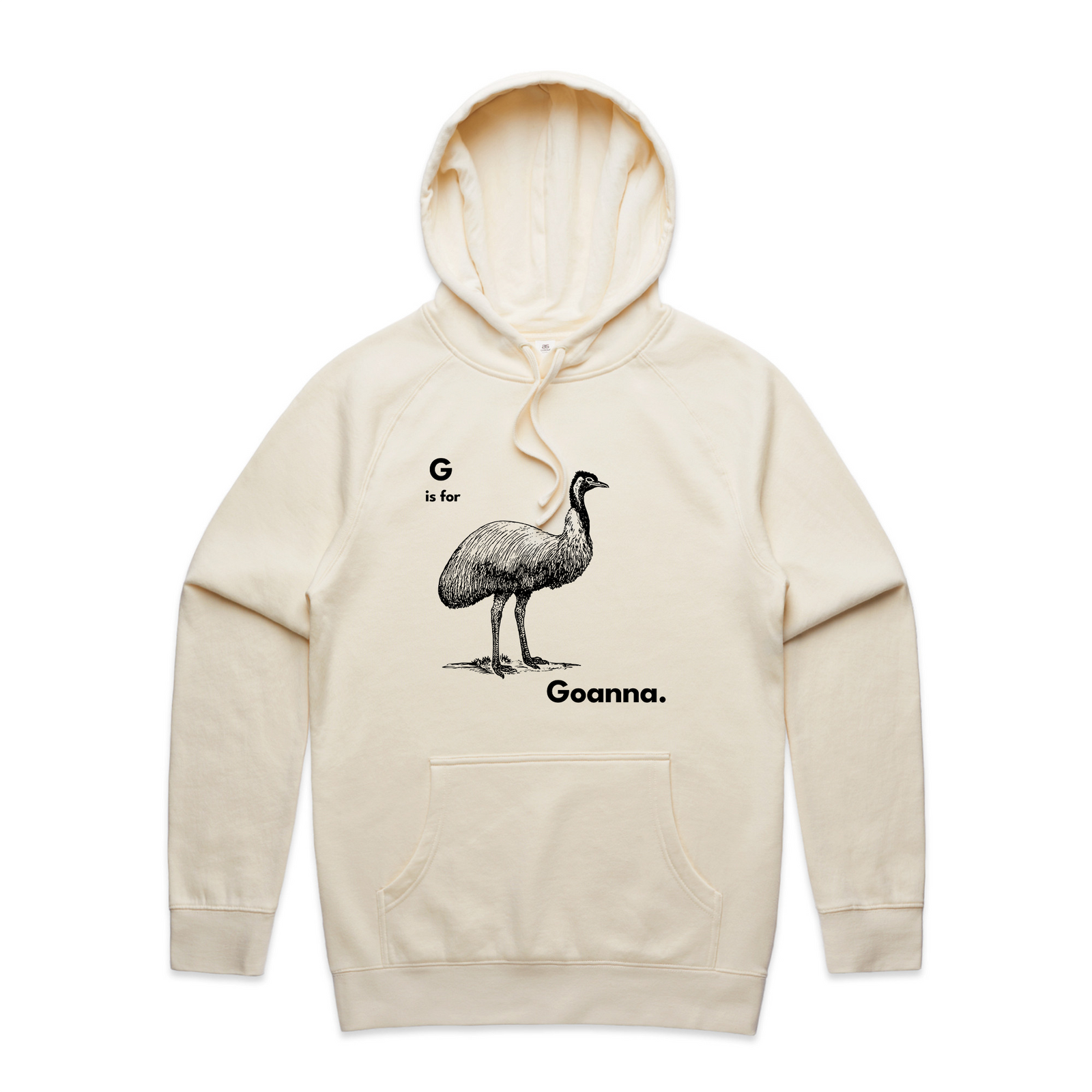 Ecru regular hoodie with G Is For Goanna Hoodie graphic by Lonely Kids Club