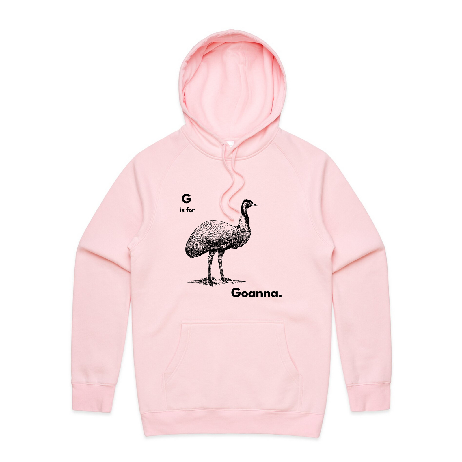 Pink regular hoodie with G Is For Goanna Hoodie graphic by Lonely Kids Club