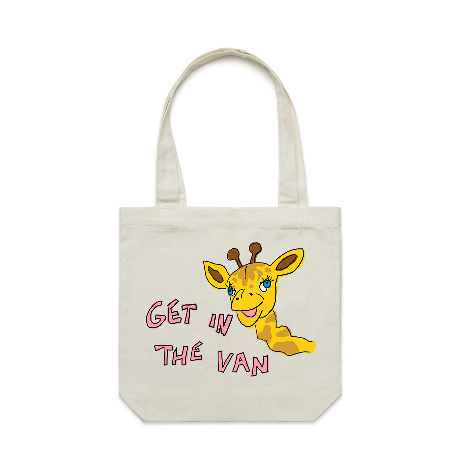 Cream carrie tote with Get In The Van Tote graphic by Lonely Kids Club