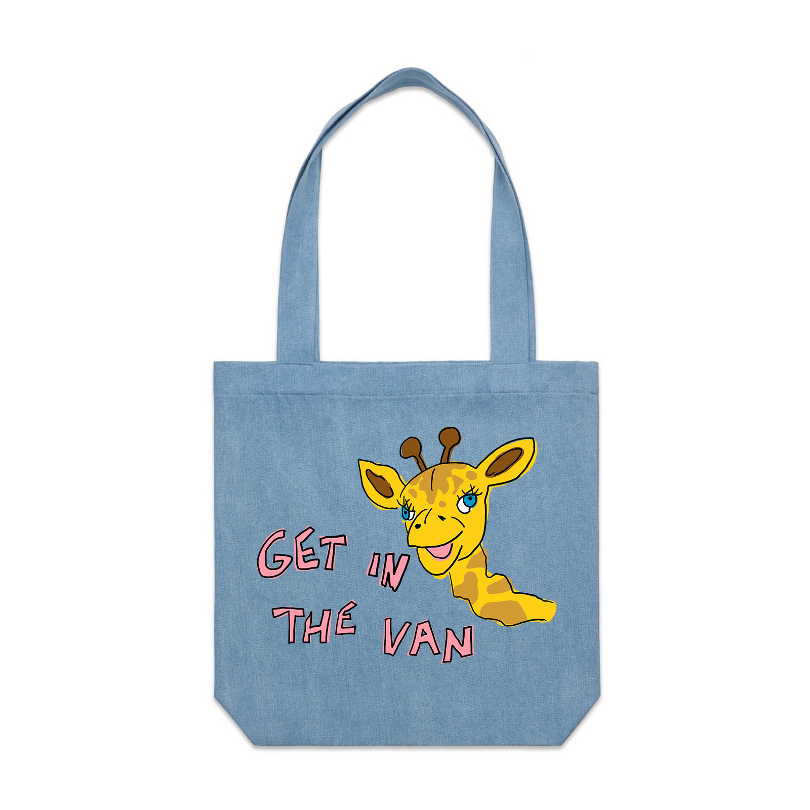 Denim carrie tote with Get In The Van Tote graphic by Lonely Kids Club
