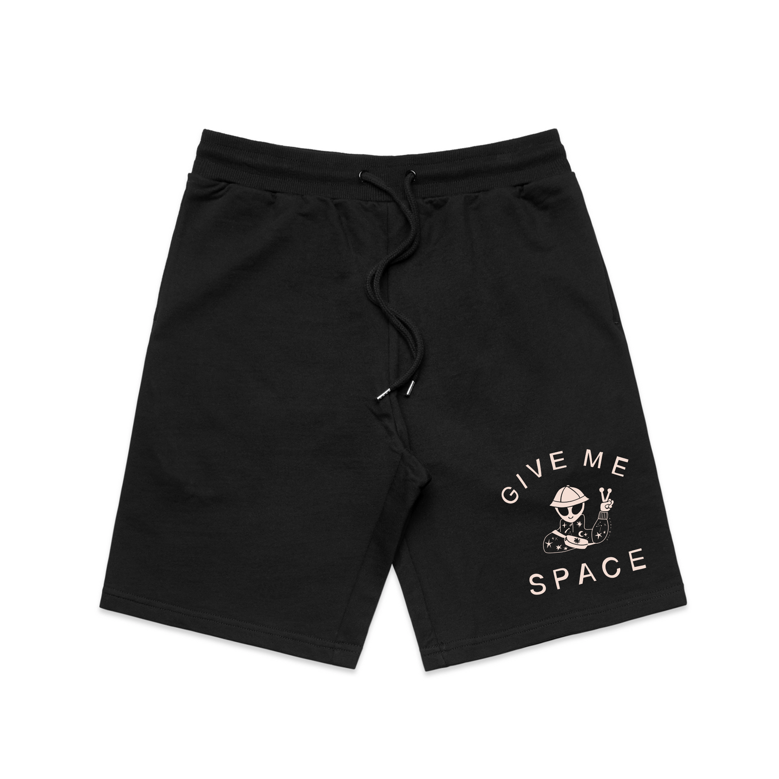 Black regular heavy shorts with Give Me Space Shorts graphic by Lonely Kids Club
