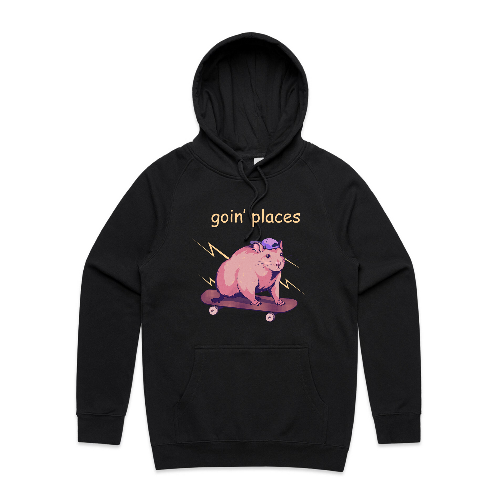Black regular hoodie with Goin' Places Hoodie graphic by Lonely Kids Club