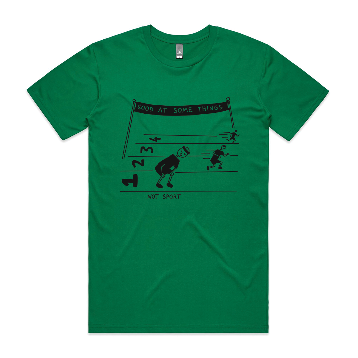 Green unisex t-shirt with Good At Some Things graphic by Lonely Kids Club