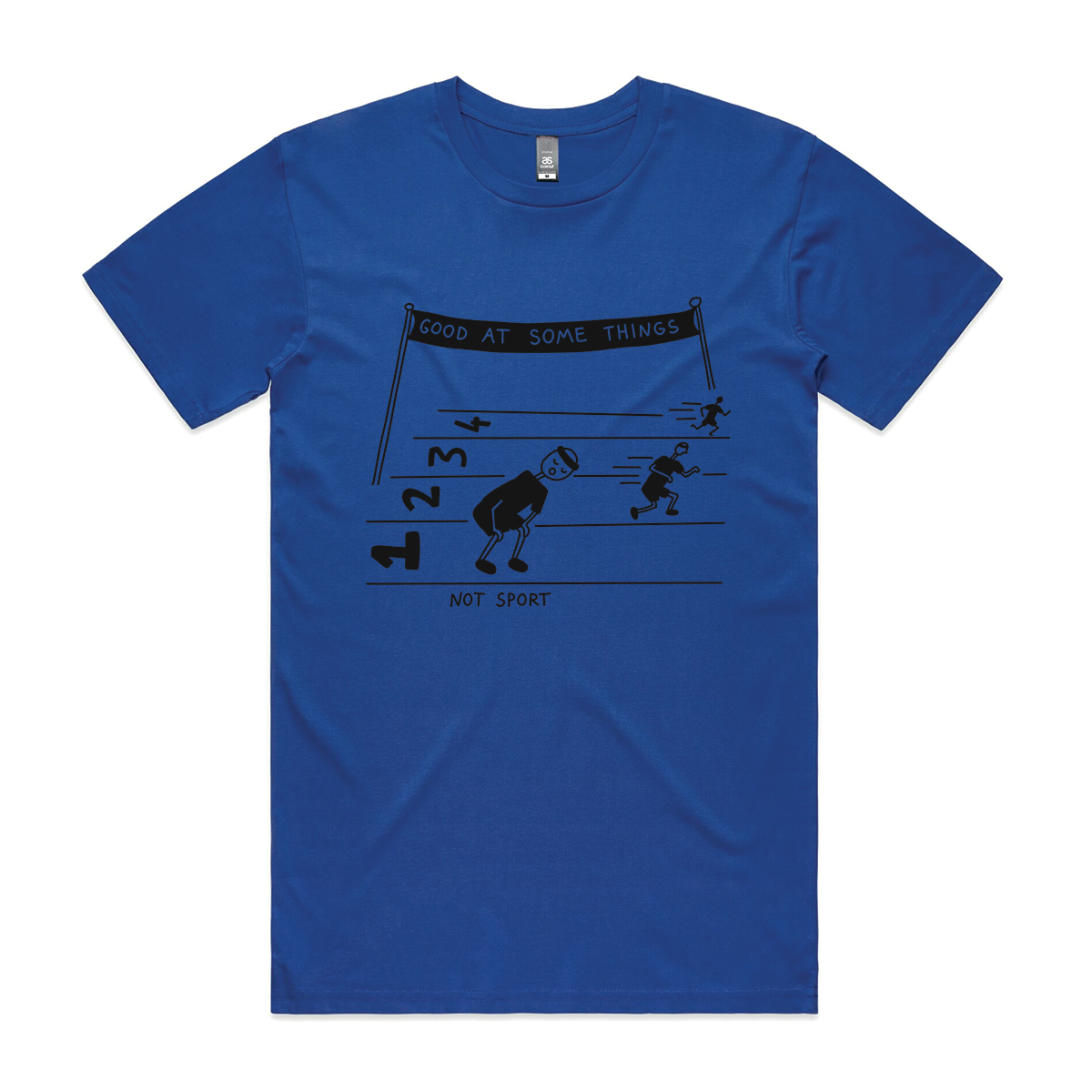 Royal Blue unisex t-shirt with Good At Some Things graphic by Lonely Kids Club