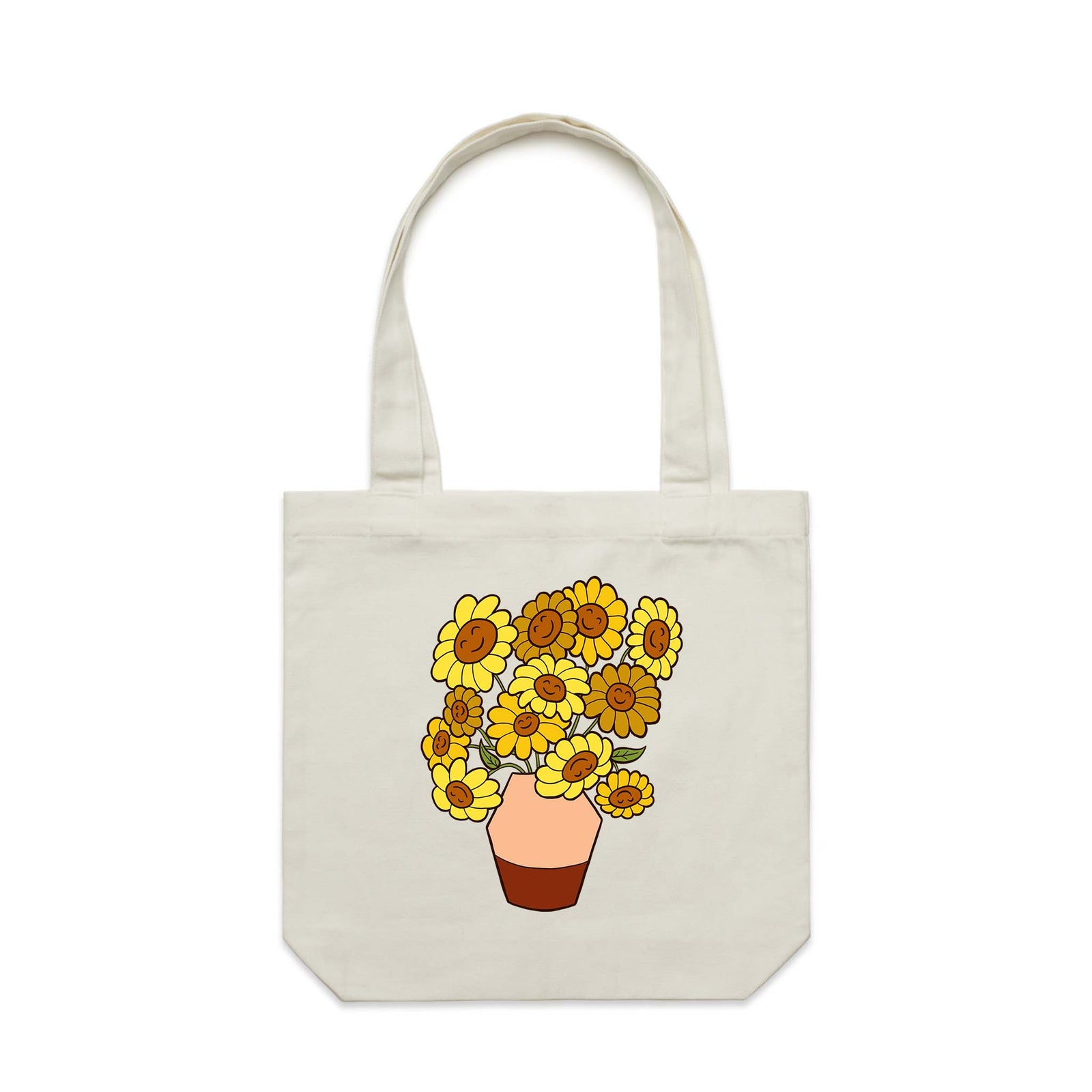 Cream carrie tote with Happy Sunflowers Tote graphic by Lonely Kids Club