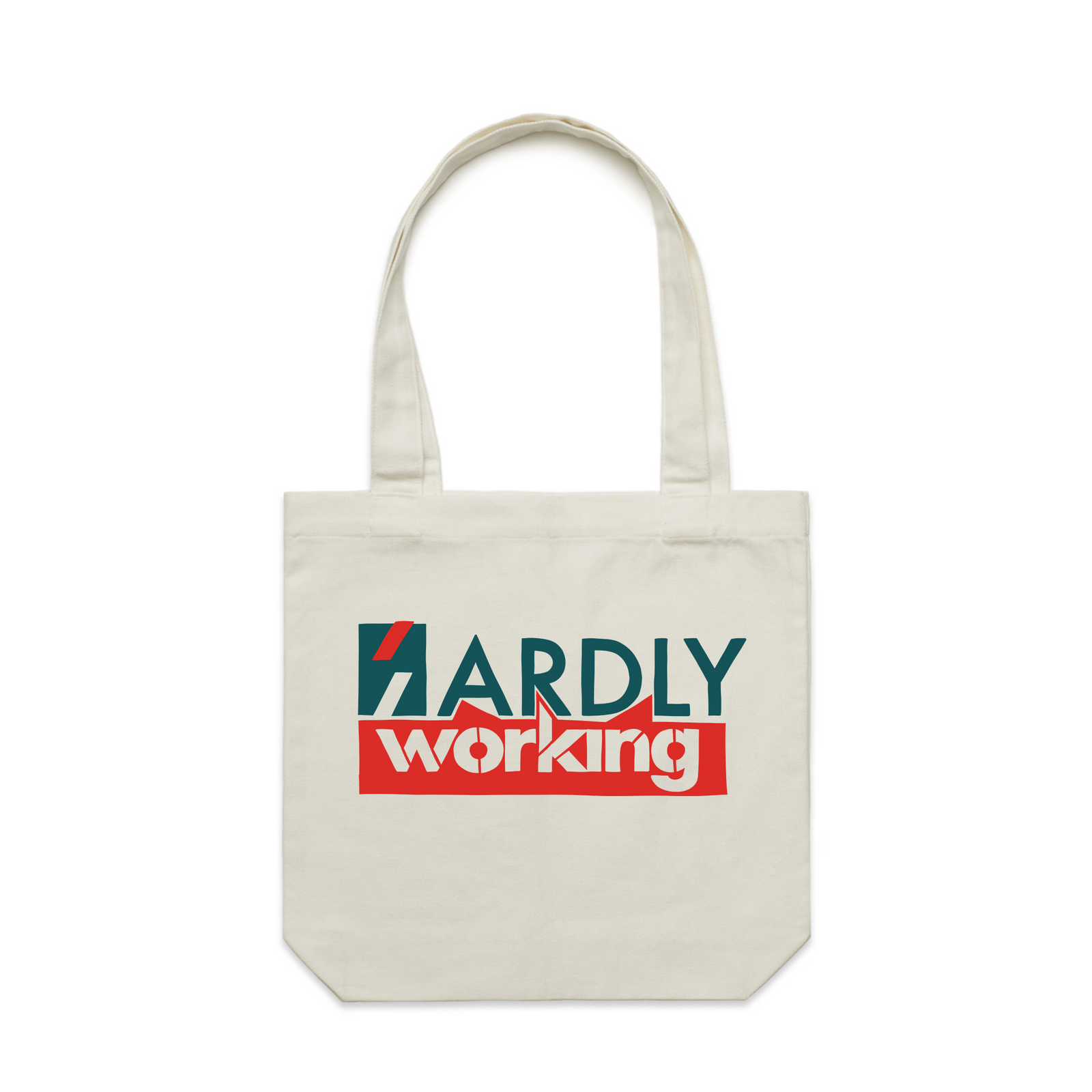 Cream carrie tote with Hardly Working Tote graphic by Lonely Kids Club