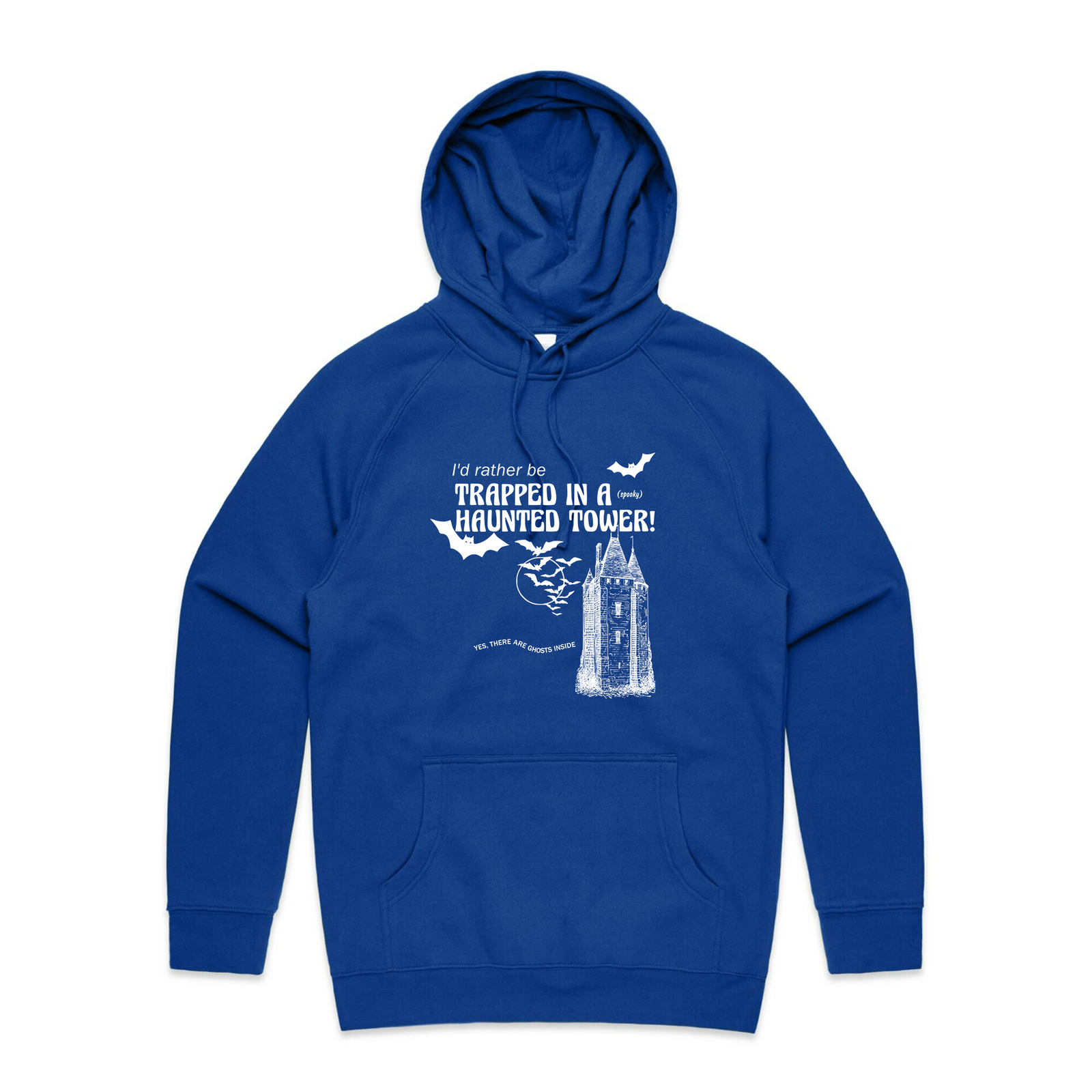 Royal Blue regular hoodie with Haunted Tower Hoodie graphic by Lonely Kids Club