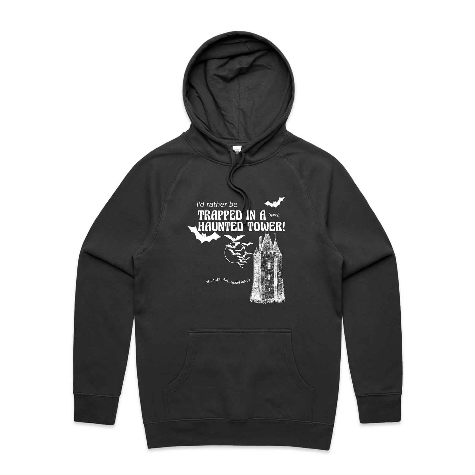Black regular hoodie with Haunted Tower Hoodie graphic by Lonely Kids Club