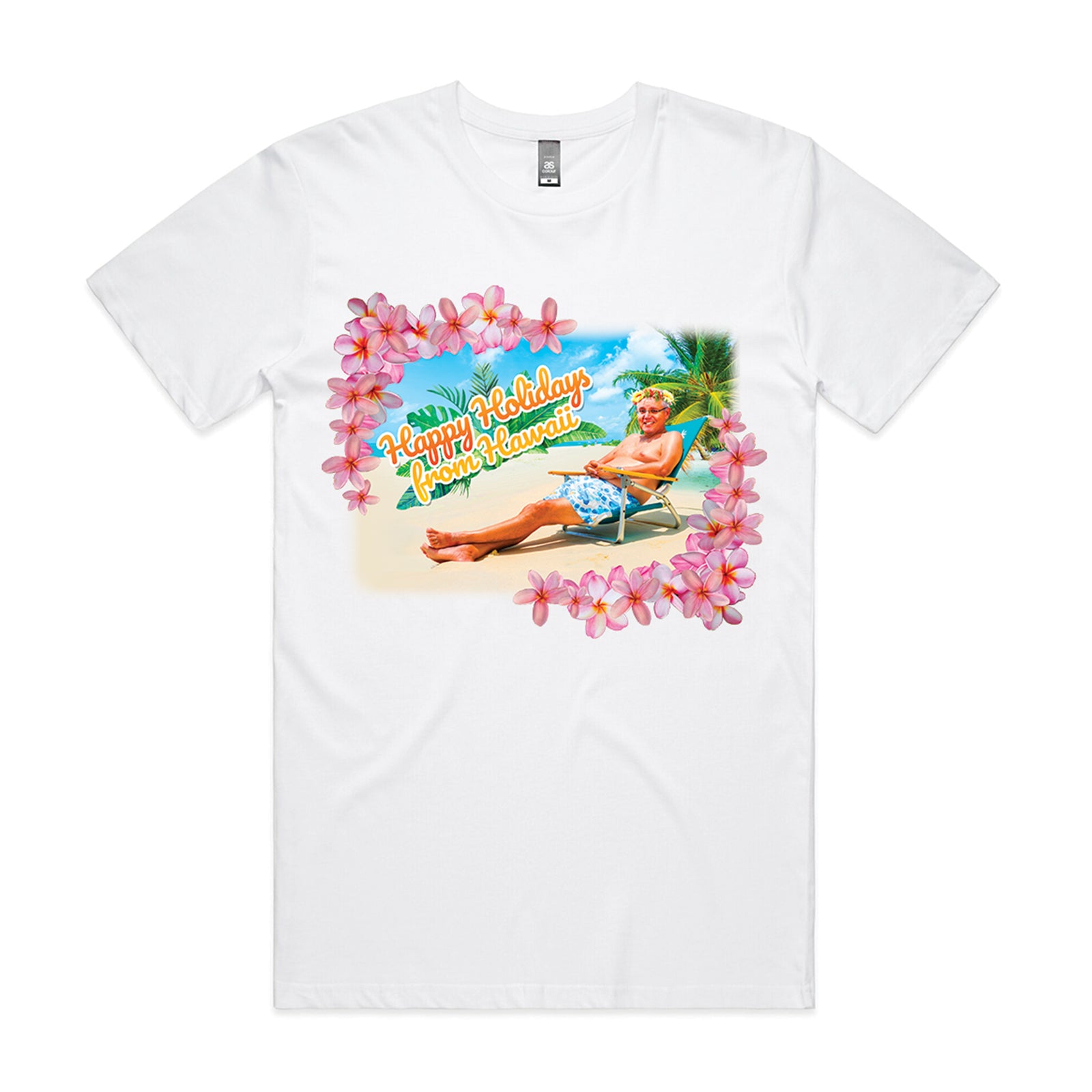 White unisex t-shirt with Hawaiian Holiday graphic by Lonely Kids Club