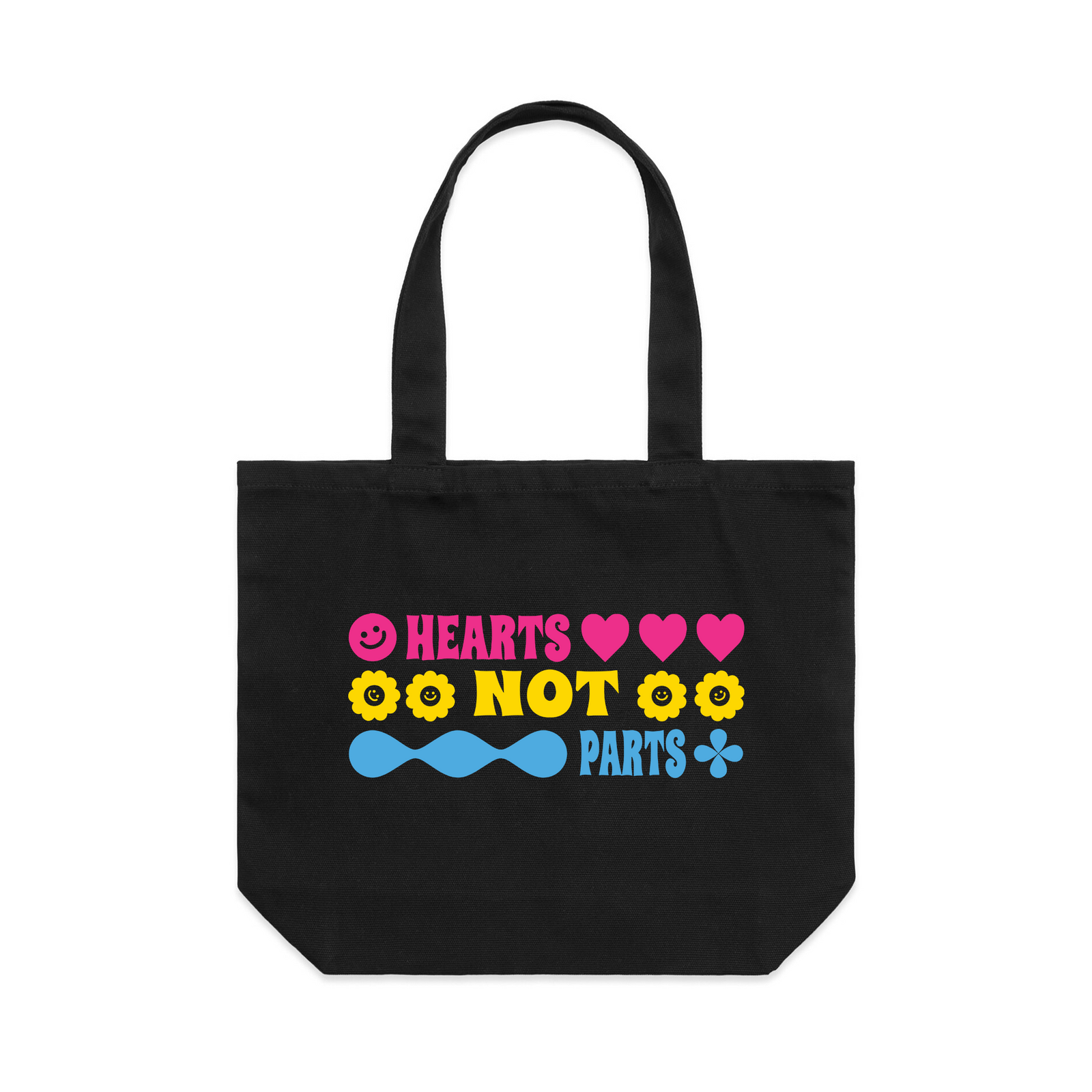 Black shoulder tote with Hearts Not Parts Tote graphic by Lonely Kids Club