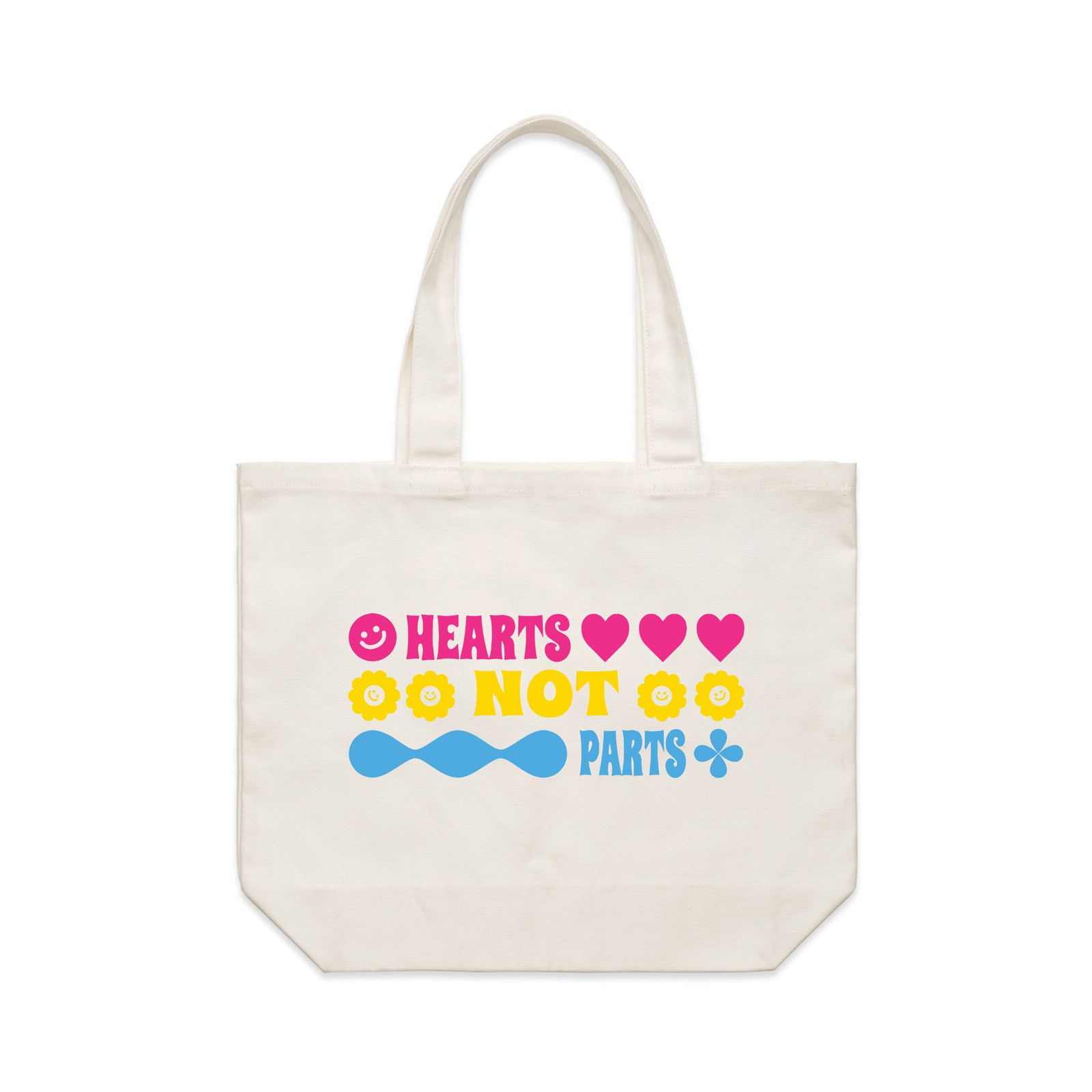 Cream shoulder tote with Hearts Not Parts Tote graphic by Lonely Kids Club