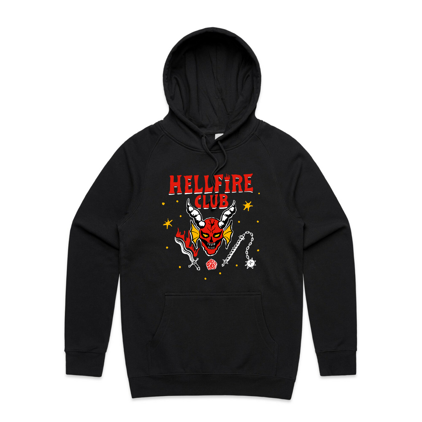 Black regular hoodie with Dungeon Club Hoodie graphic by Lonely Kids Club