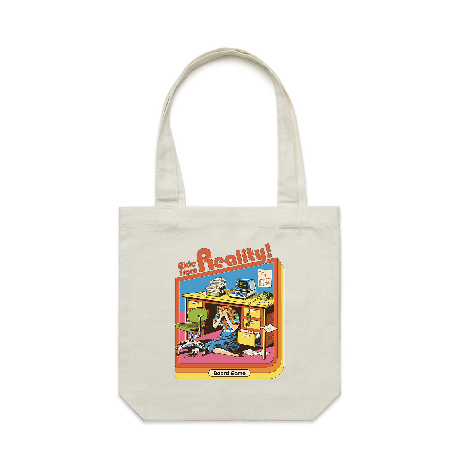 Cream carrie tote with Hide From Reality Tote graphic by Lonely Kids Club