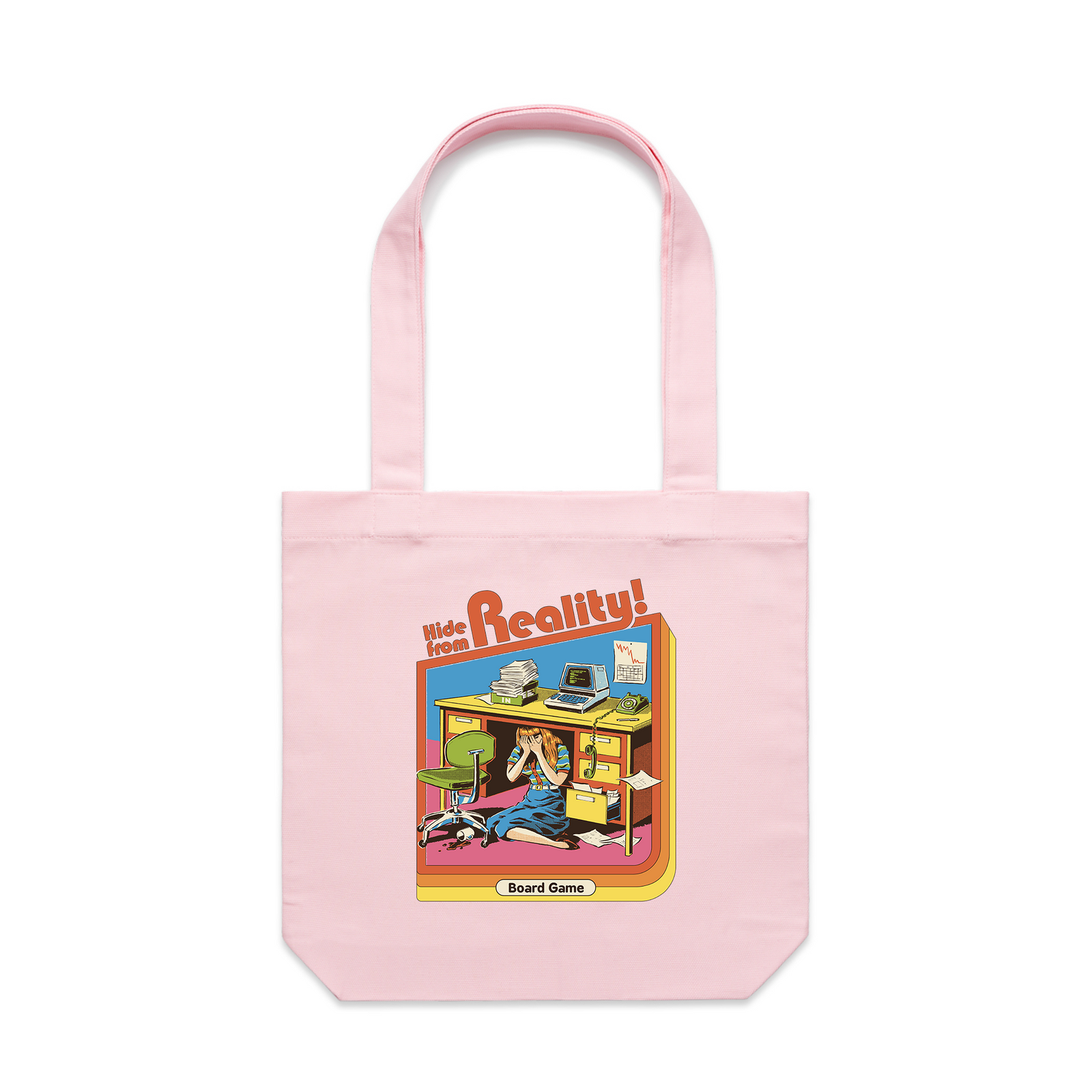 Pink carrie tote with Hide From Reality Tote graphic by Lonely Kids Club