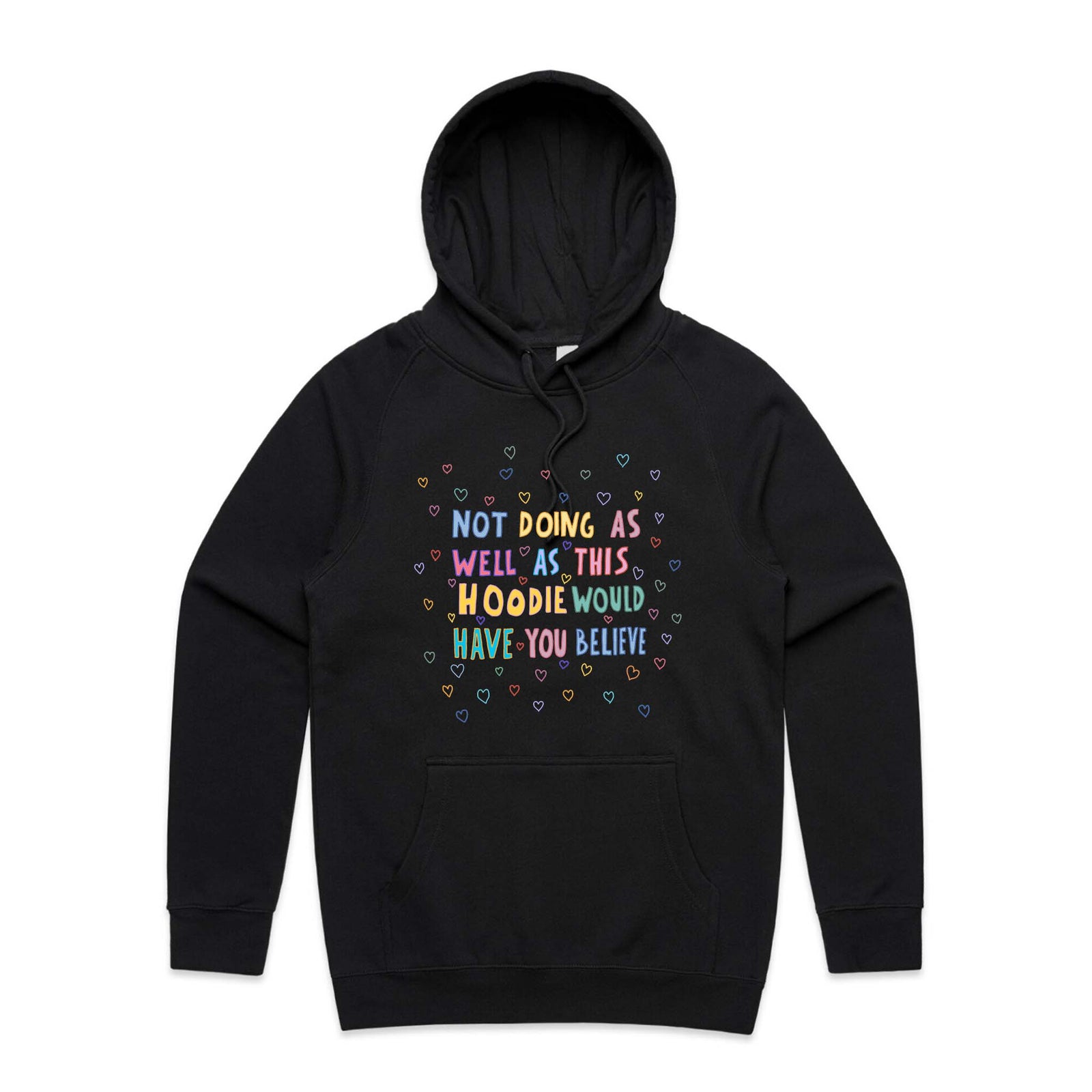 Black regular hoodie with Not Doing As Well Hoodie graphic by Lonely Kids Club