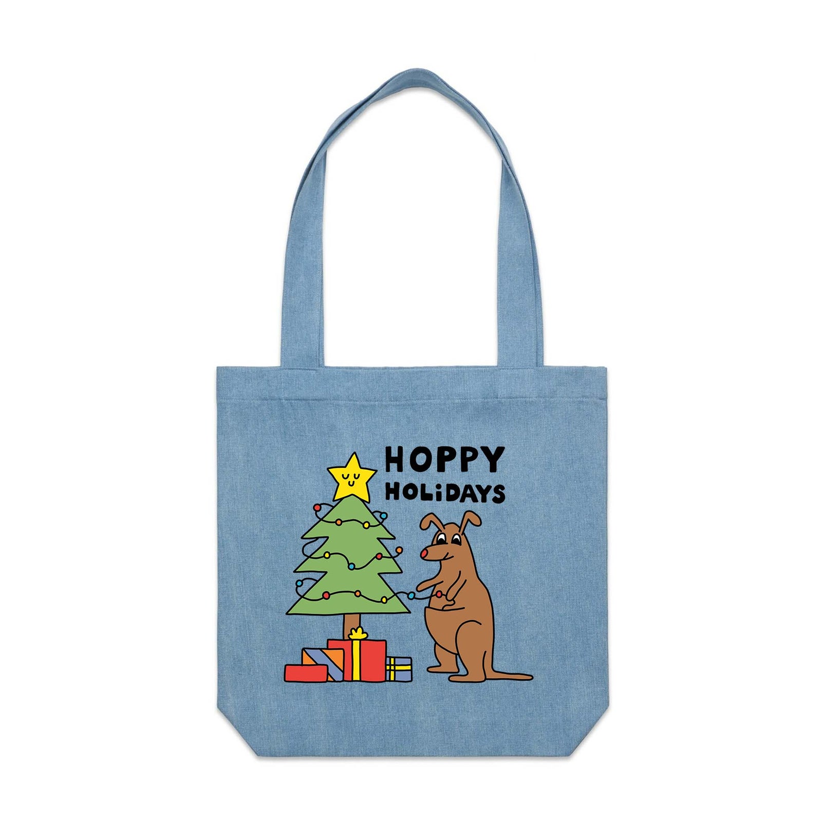 Denim carrie tote with Hoppy Holidays Tote graphic by Lonely Kids Club