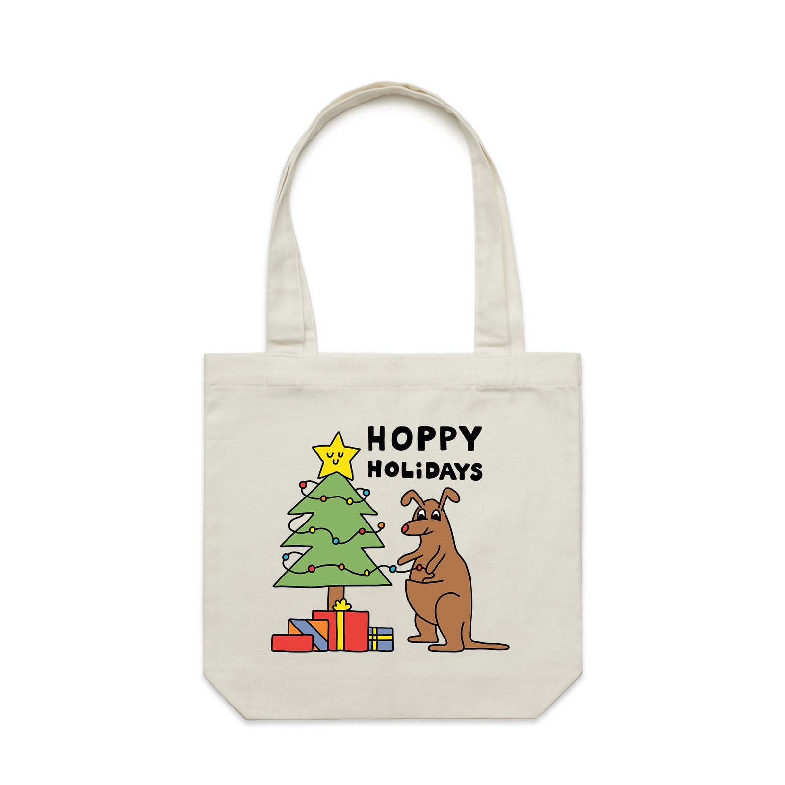 Cream carrie tote with Hoppy Holidays Tote graphic by Lonely Kids Club