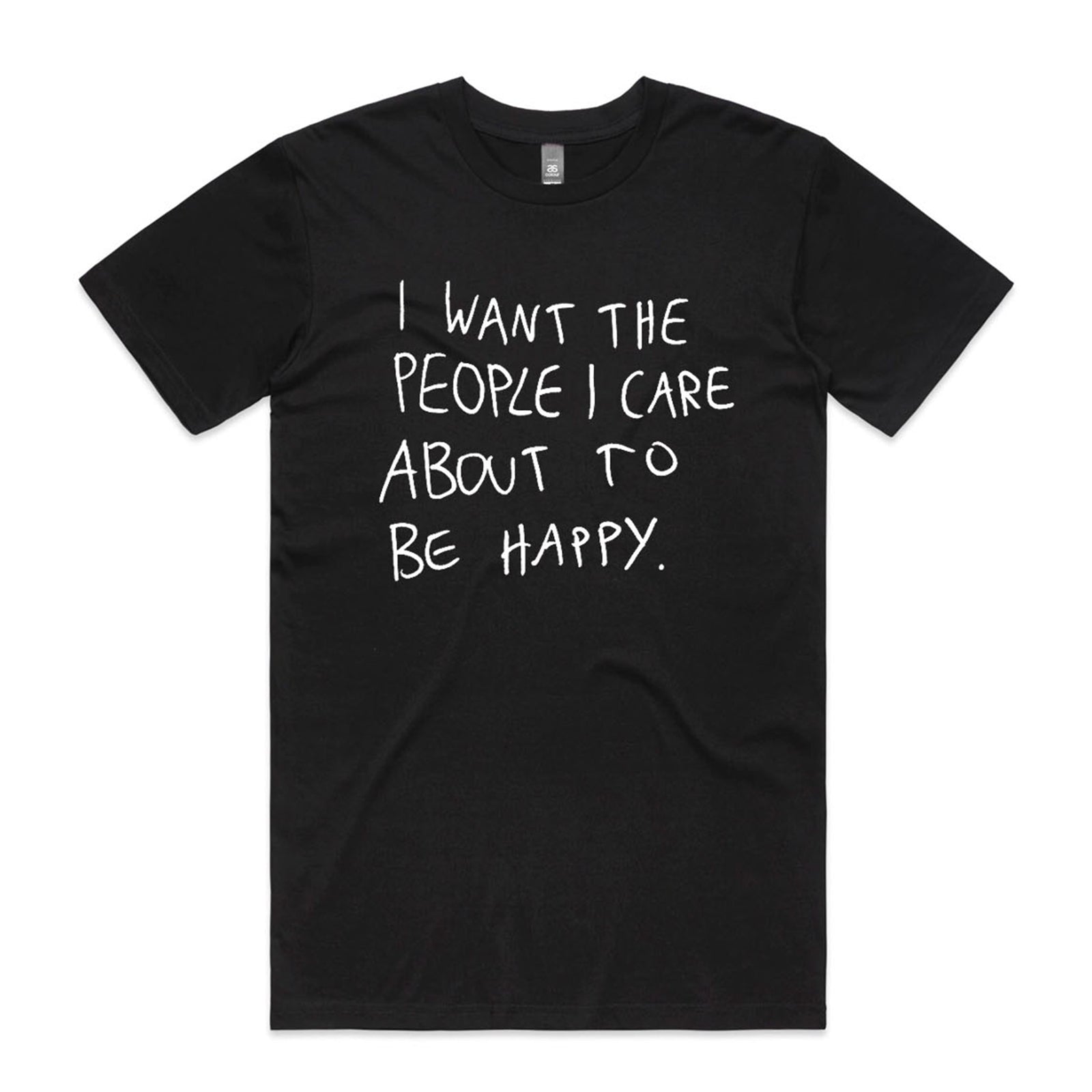 Black unisex t-shirt with I Care graphic by Lonely Kids Club