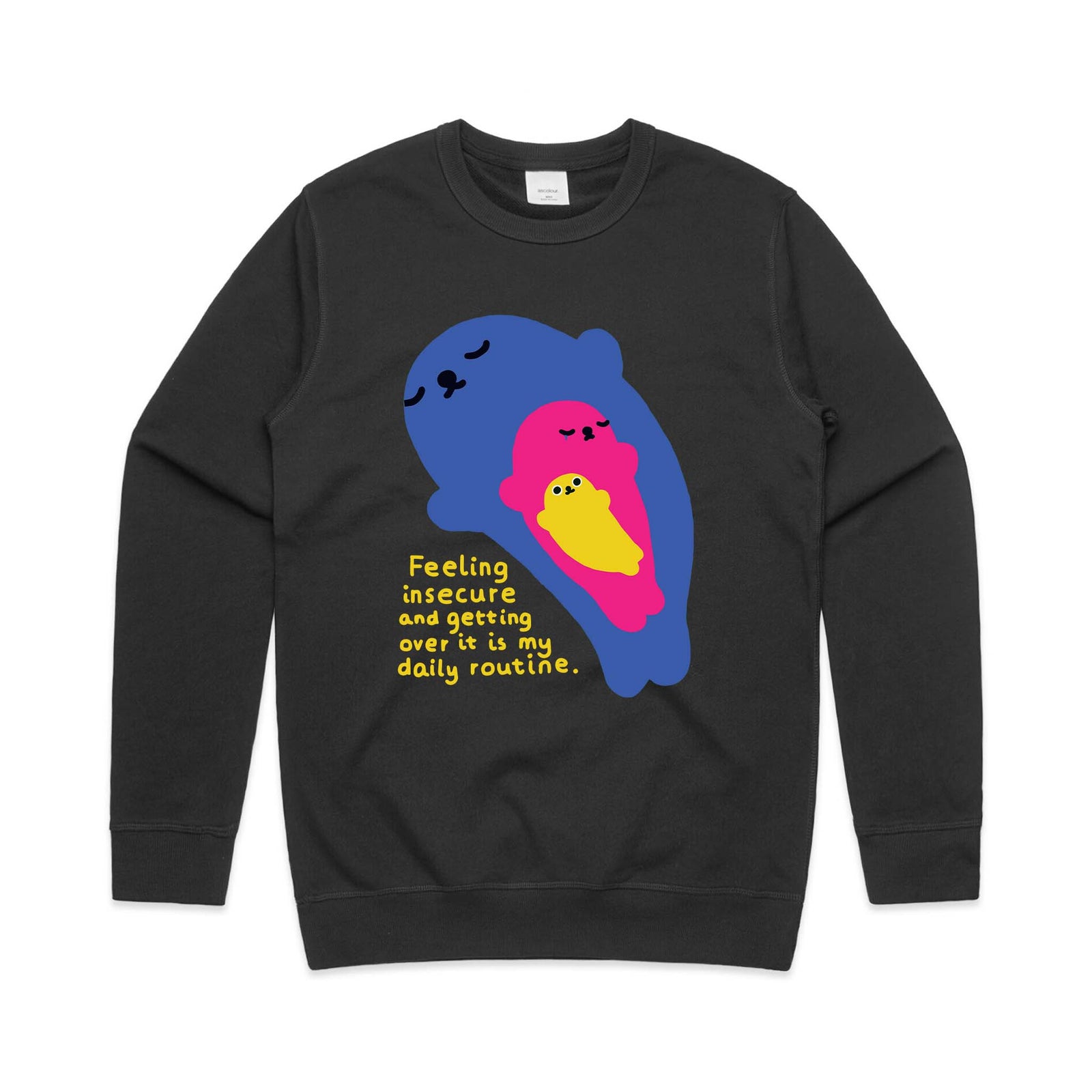 Black regular jumper with Insecure Seal Jumper graphic by Lonely Kids Club