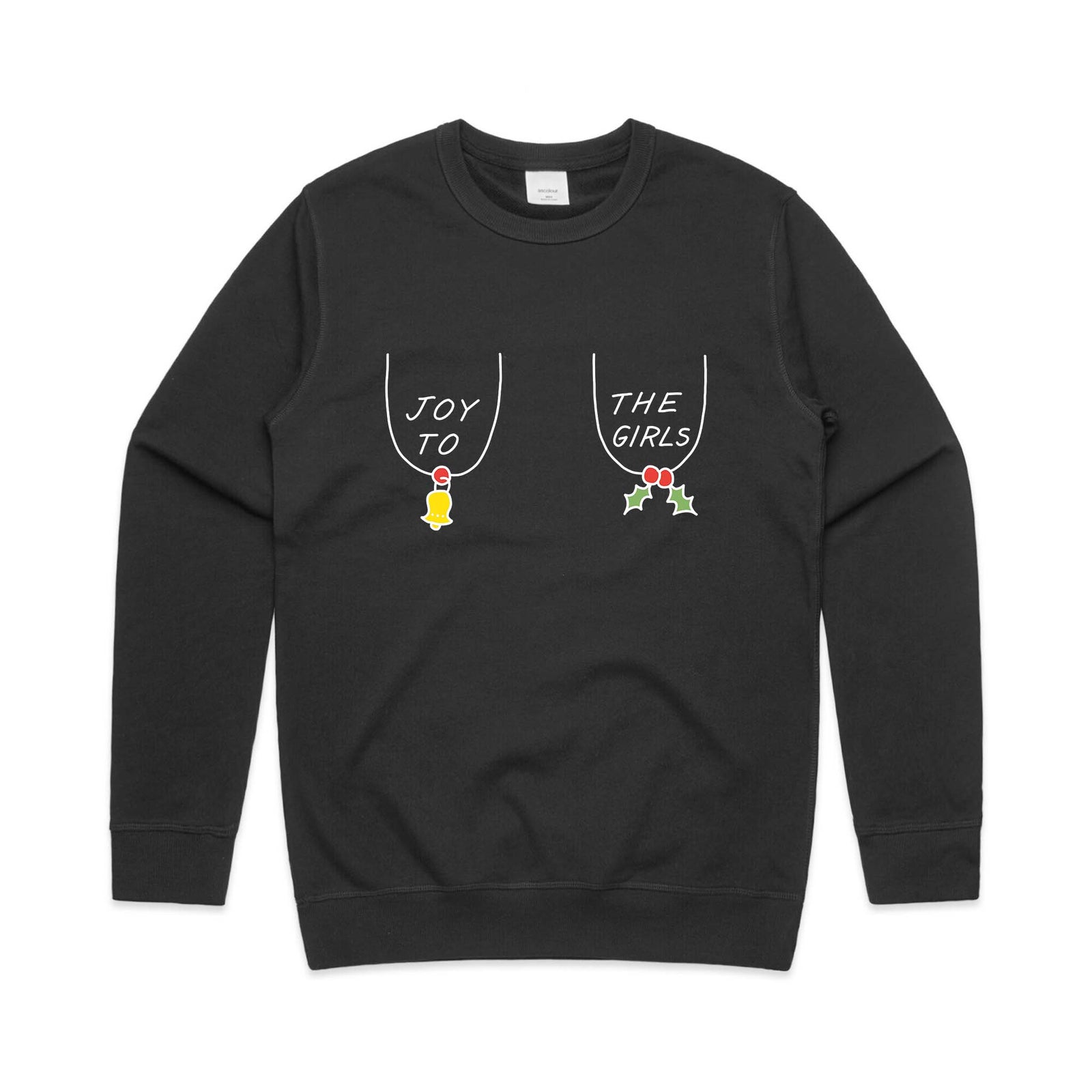 Black regular jumper with Joy To The Girls Jumper graphic by Lonely Kids Club
