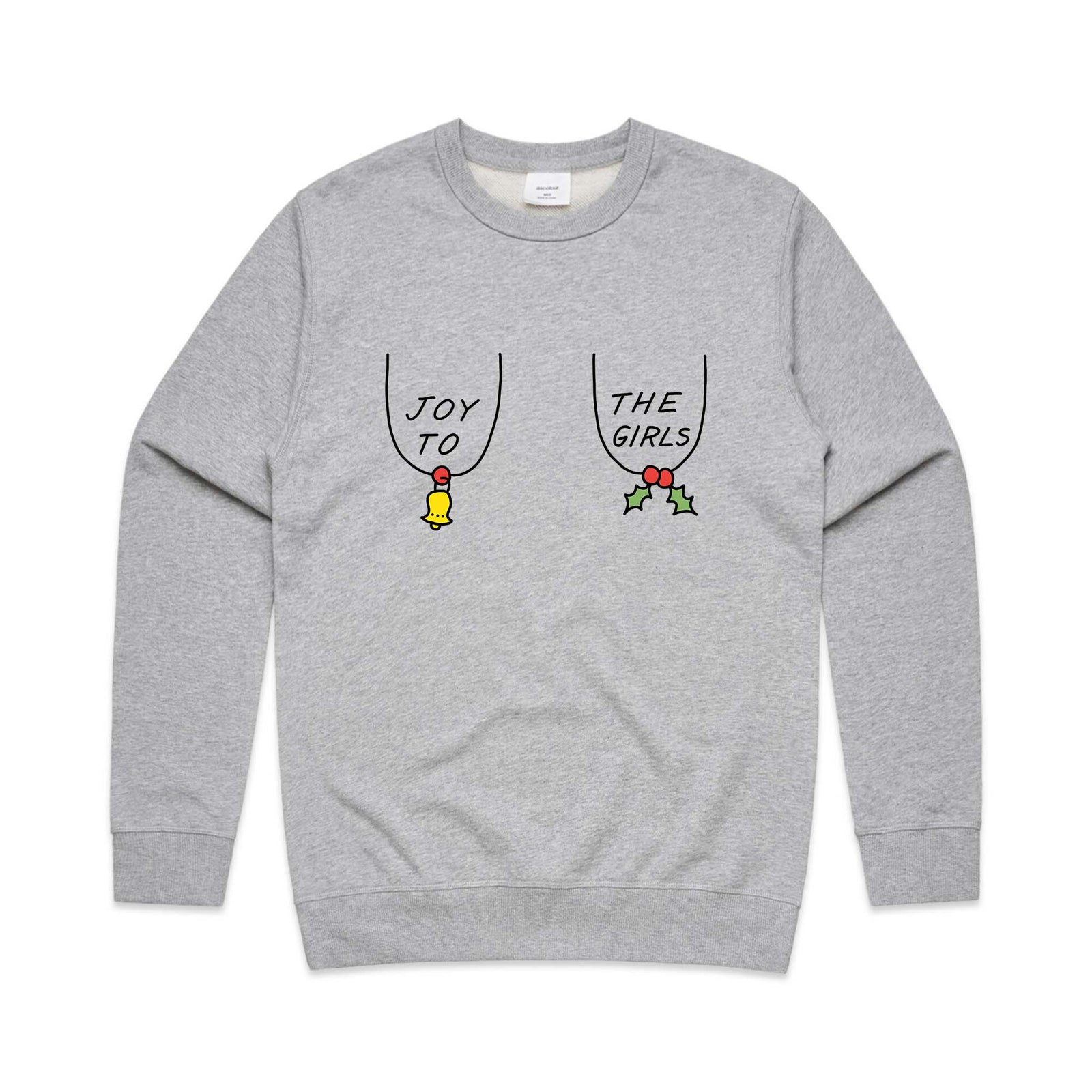 Grey Marle regular jumper with Joy To The Girls Jumper graphic by Lonely Kids Club