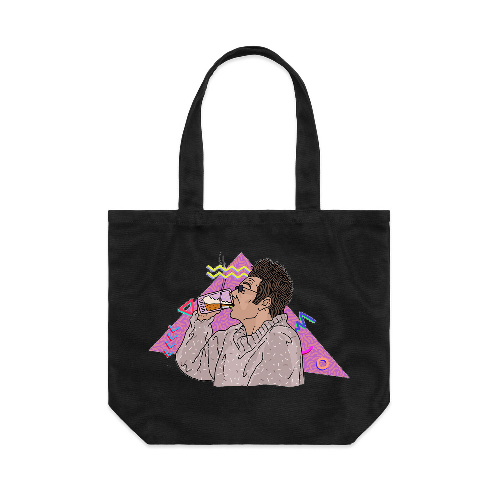 Black shoulder tote with Kramer Tote graphic by Lonely Kids Club
