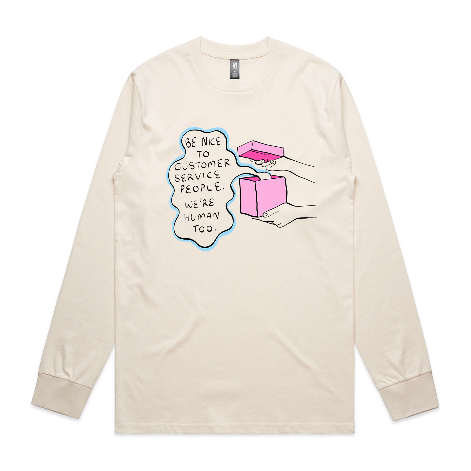 Natural long sleeve t-shirt with Customer Service graphic by Lonely Kids Club