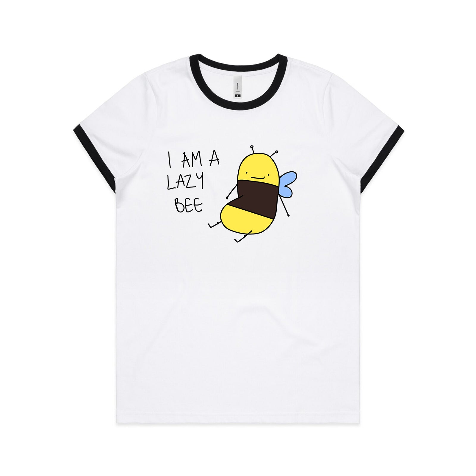 Black/White Ringer fitted womens t-shirt with Lazy Bee graphic by Lonely Kids Club