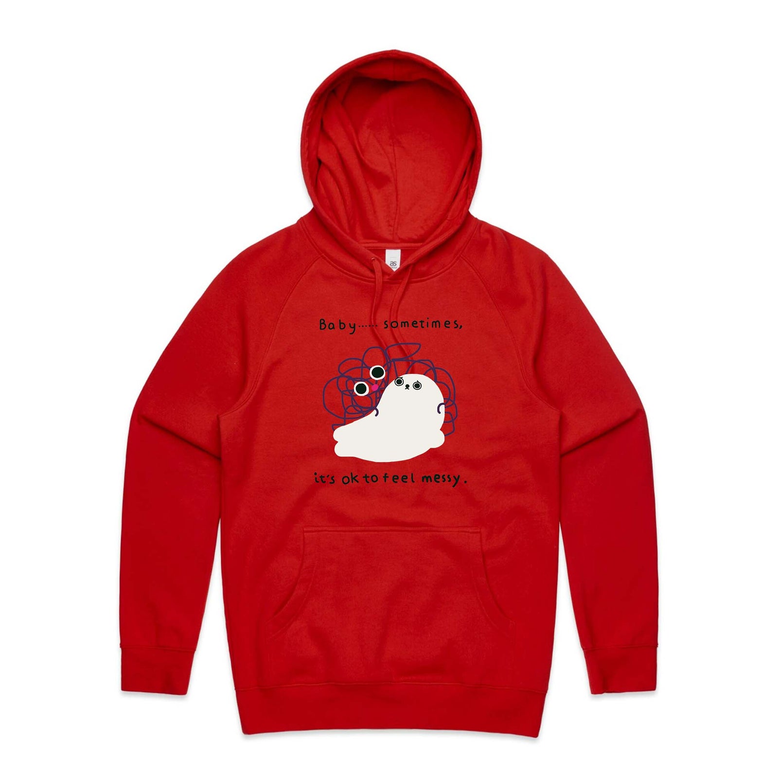 Red regular hoodie with Messy Seal Hoodie graphic by Lonely Kids Club