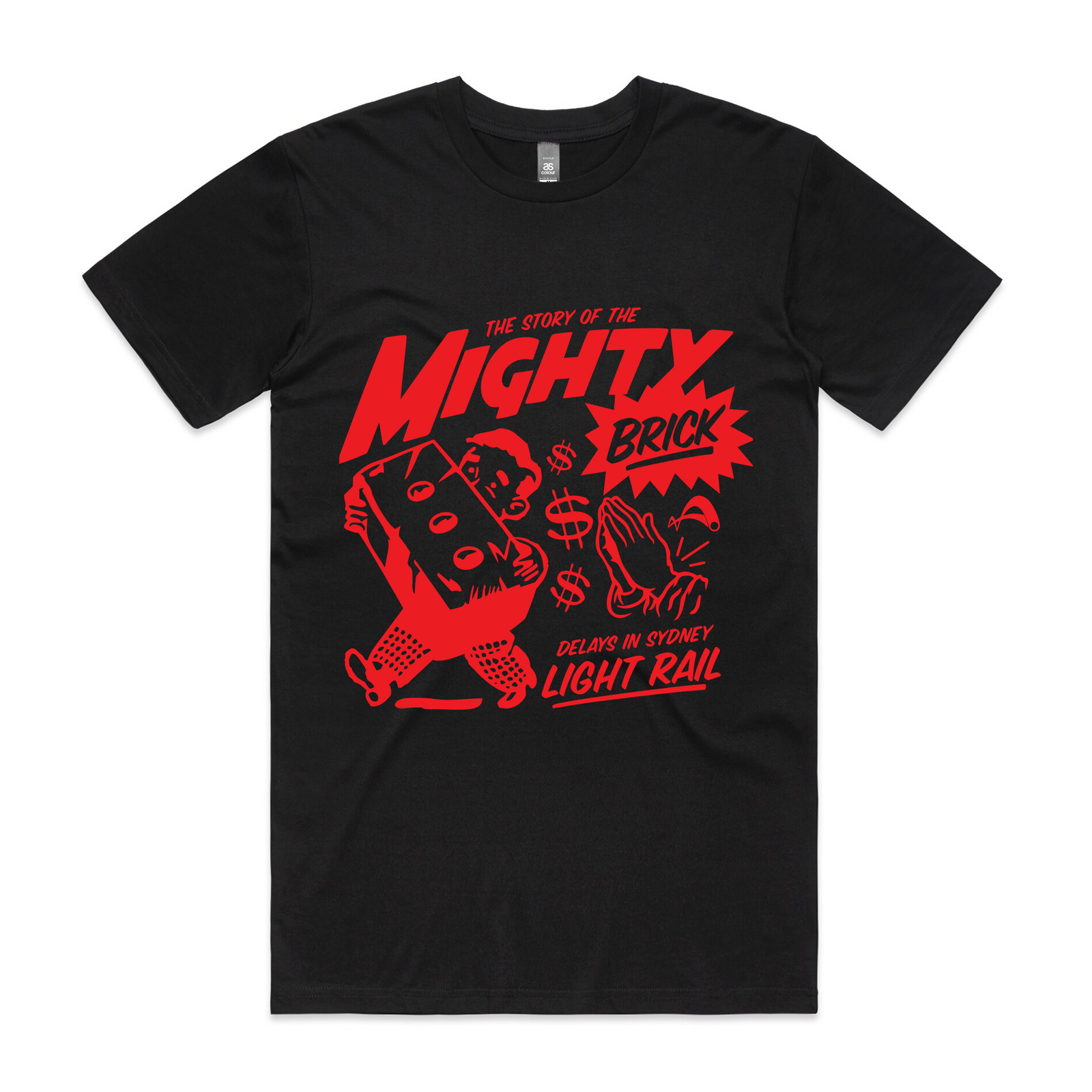 Black t-shirt with Mighty Brick graphic by Lonely Kids Club