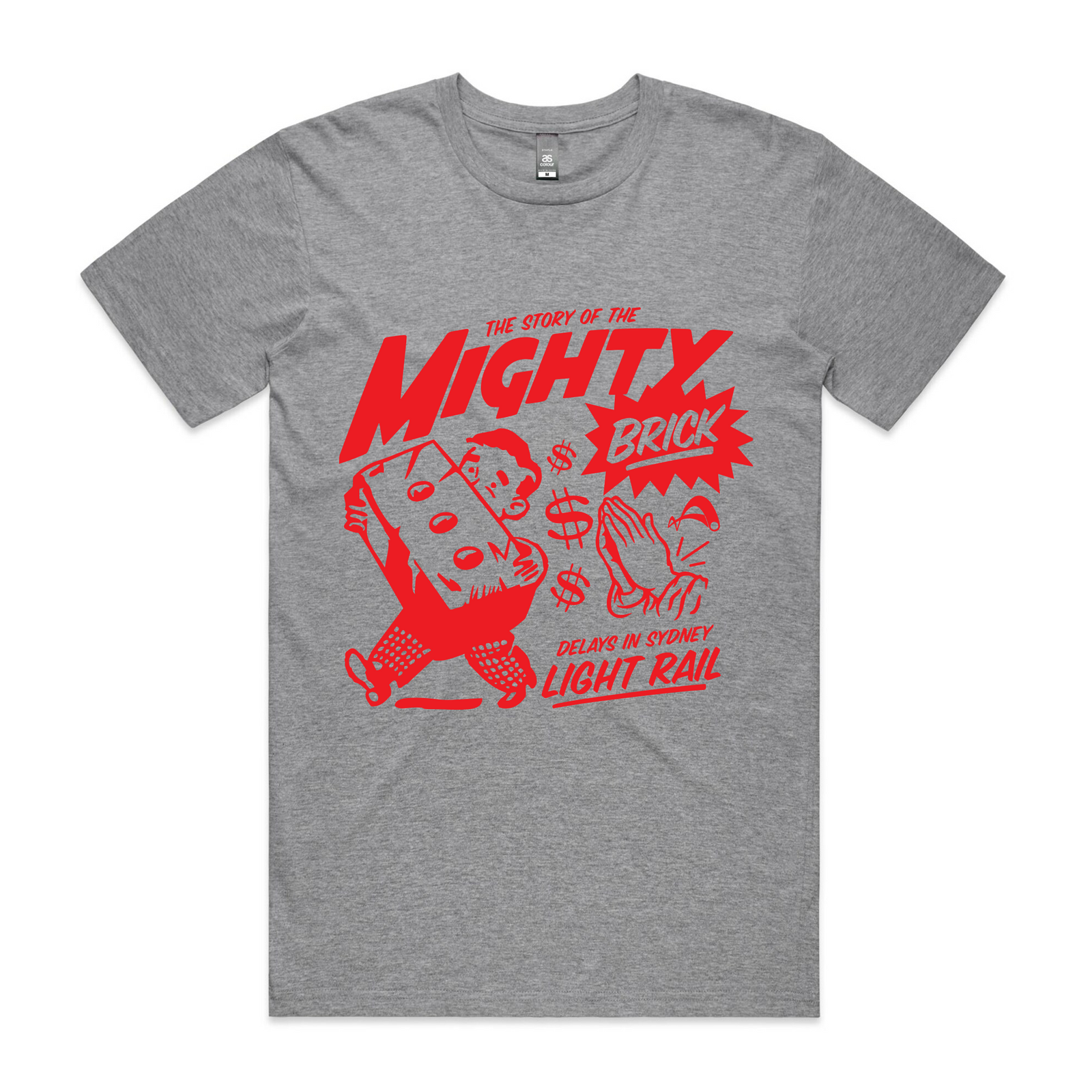 Grey Marle t-shirt with Mighty Brick graphic by Lonely Kids Club