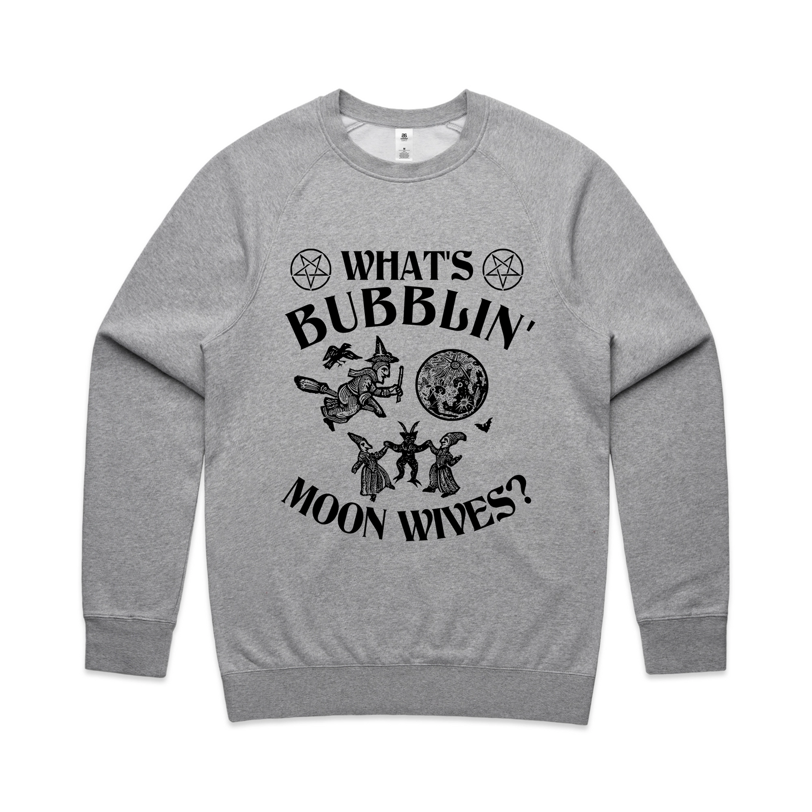 Grey Marle regular jumper with Moon Wives Jumper graphic by Lonely Kids Club