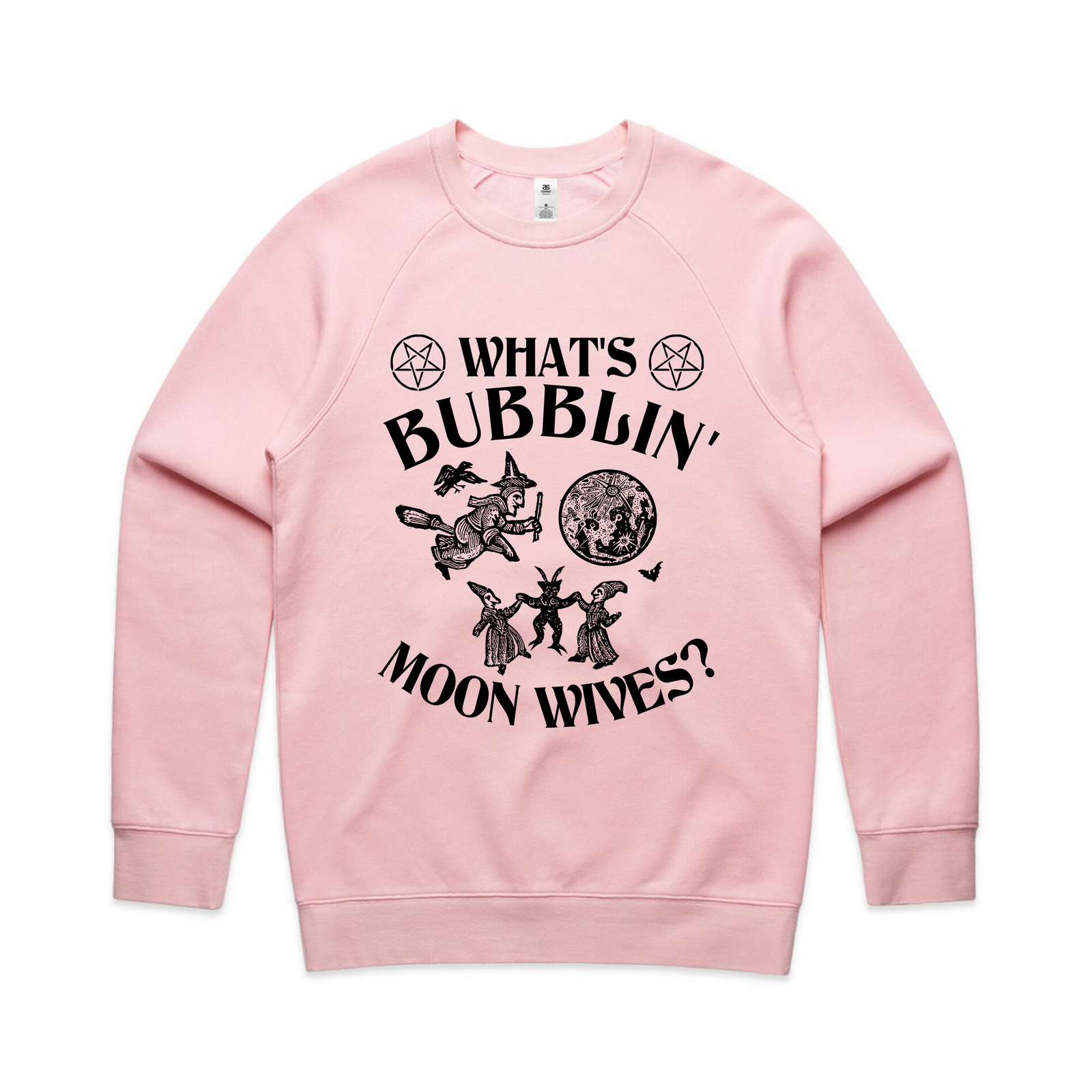 Pink regular jumper with Moon Wives Jumper graphic by Lonely Kids Club