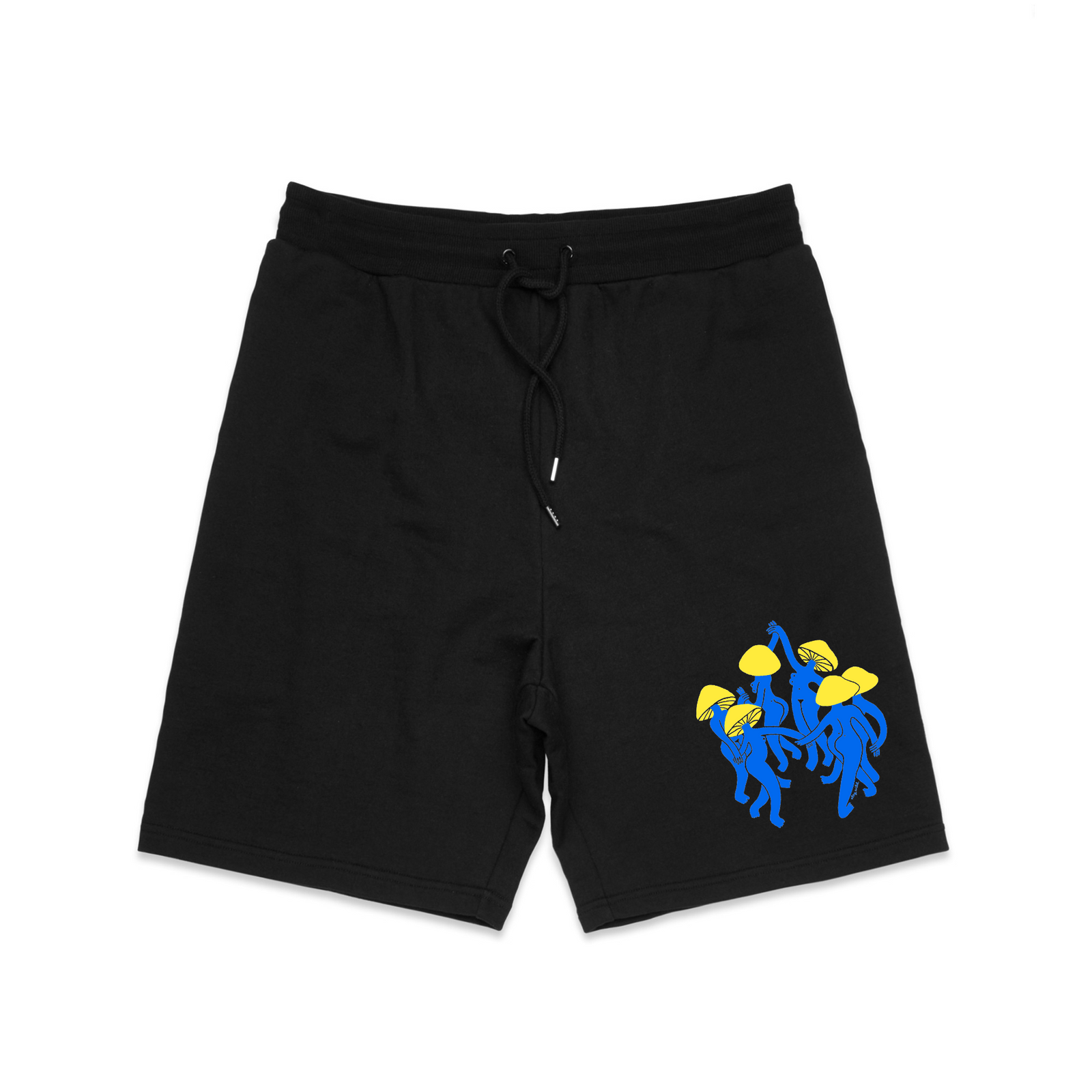 Black regular heavy shorts with Mushroom Dance Shorts graphic by Lonely Kids Club