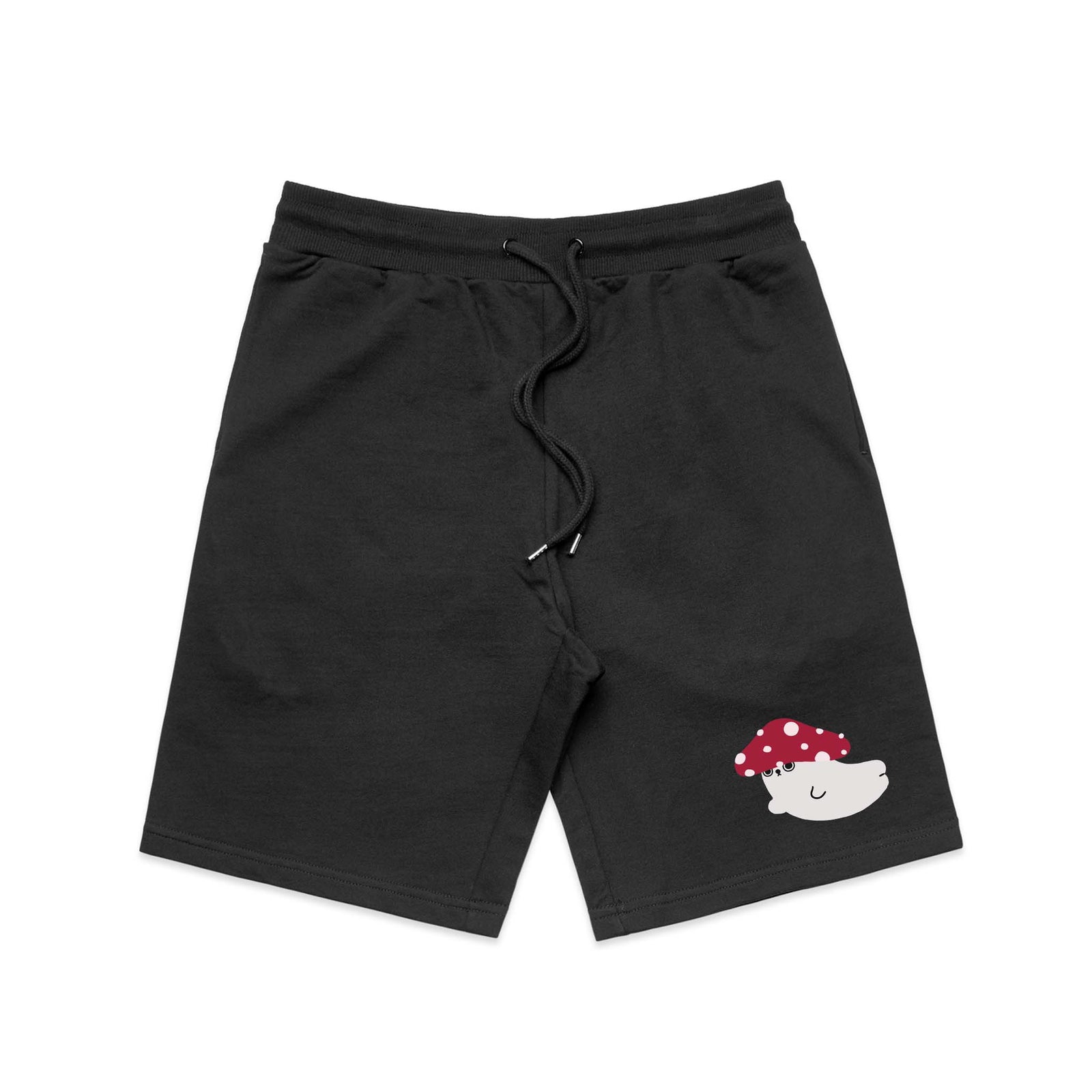 Black regular heavy shorts with Mushroom Seal Shorts graphic by Lonely Kids Club