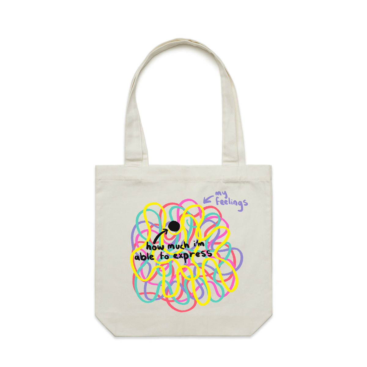 Cream carrie tote with My Feelings Tote graphic by Lonely Kids Club