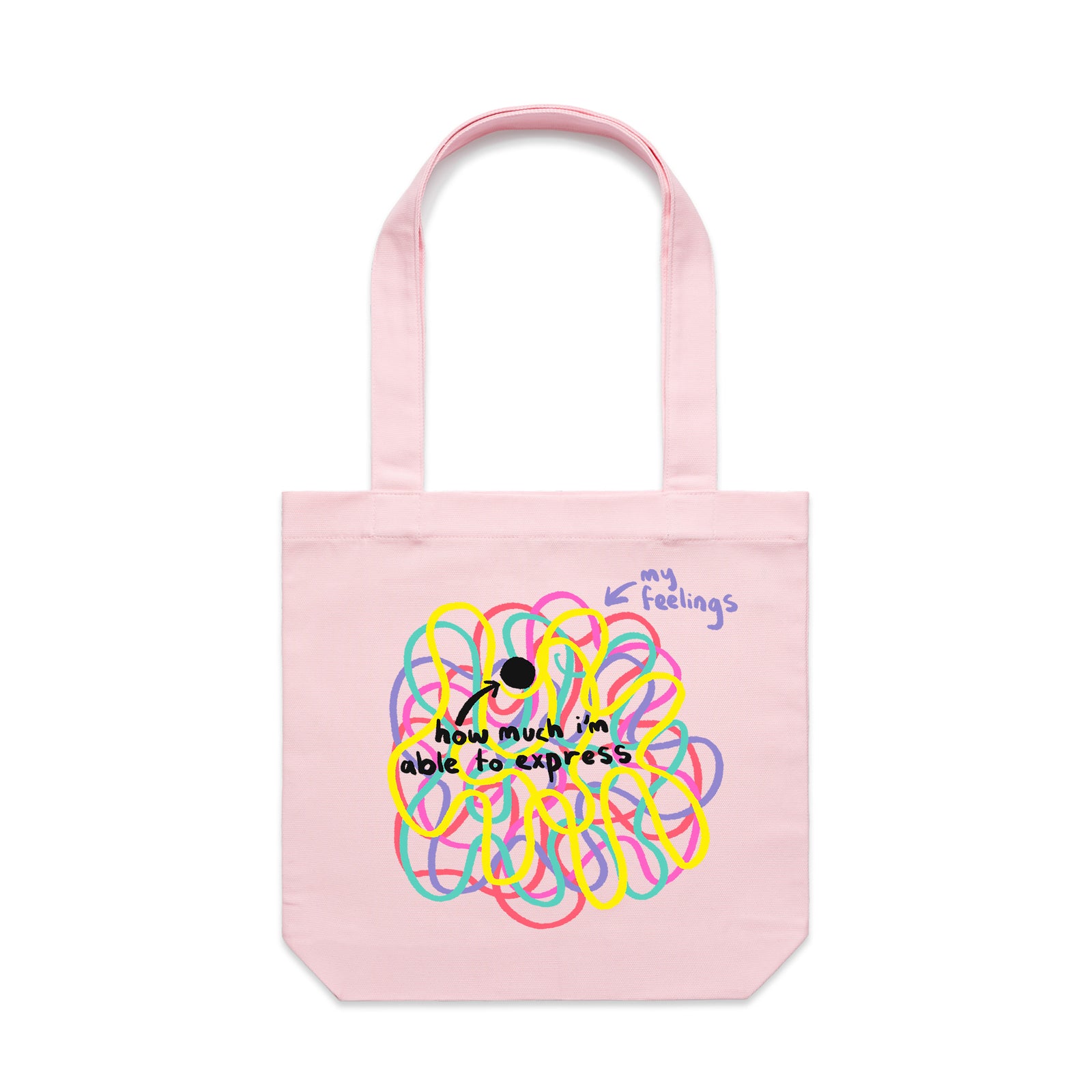 Pink carrie tote with My Feelings Tote graphic by Lonely Kids Club