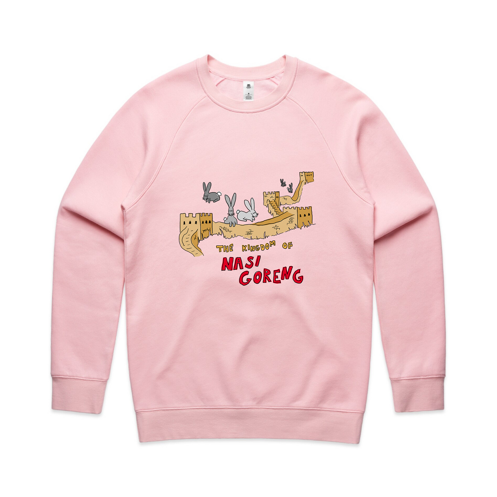 Pink regular jumper with Nasi Goreng Jumper graphic by Lonely Kids Club